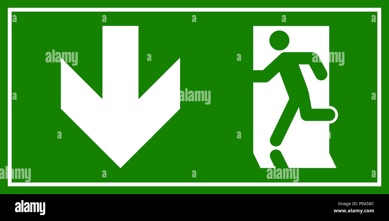 Uscita di emergenza segno. Uomo che corre fuori fuoco uscire. Illustrazione Vettoriale