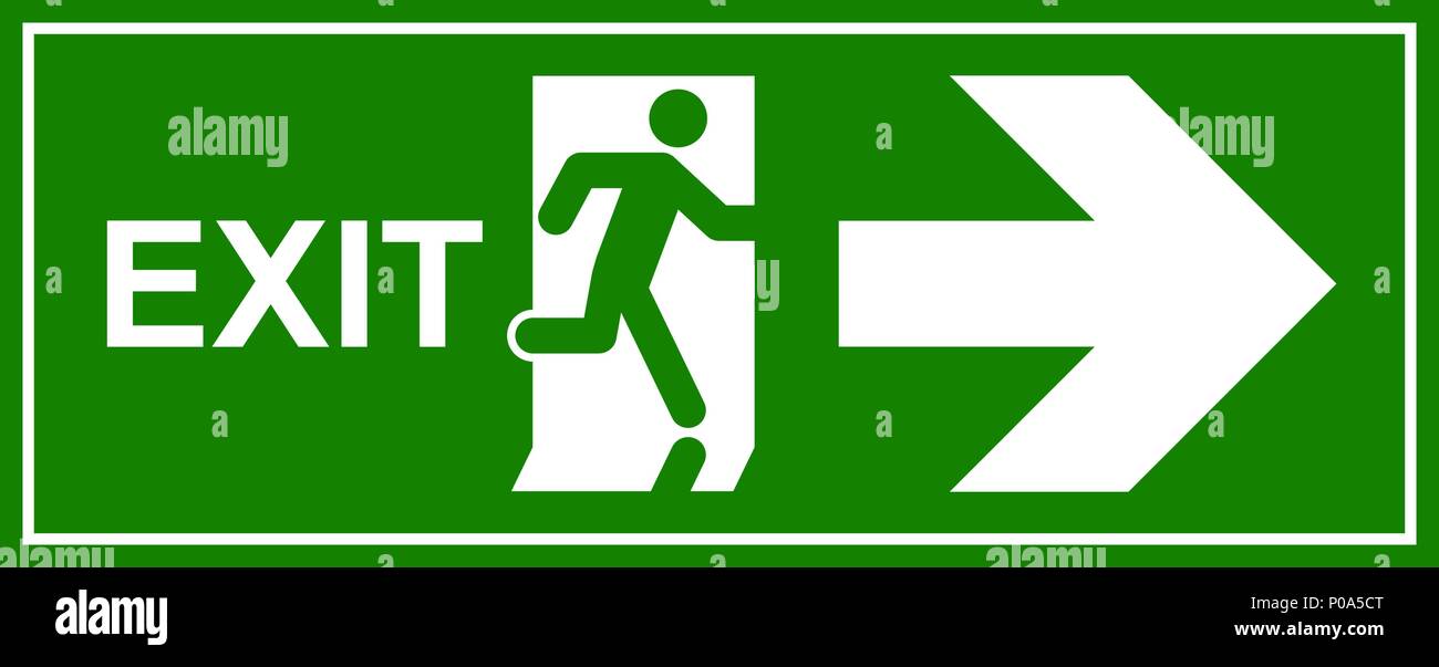 Uscita di emergenza segno. Uomo che corre fuori fuoco uscire. Illustrazione Vettoriale