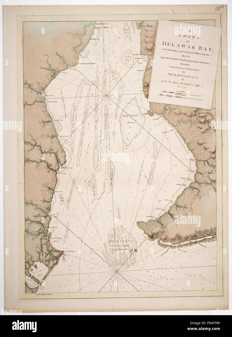 . Inglese: un grafico di Delawar Bay, con punti di scandaglio e di osservazioni nautiche, presi da Cap.t Sir Andrew Snape Hammond della marina e othersSingle foglio. Inciso. Scala: ca. 1:150 000 (bar). Nota cartografica: Nord a 42,5 gradi. Variazione mostrata a 6 gradi 45' W. Bar scale in Statuto e miglia nautiche. Contenuto Nota: i canali contrassegnati. HNS 158C di un grafico di Delawar Bay, con punti di scandaglio e di osservazioni nautiche, presi da Cap.t Sir Andrew Snape Hammond della marina e gli altri . 1779. Des Barres; Hamond, Andrew Snape; Giuseppe Federico Wallet Des Barres 34 un grafico di Delawar Bay, con punti di scandaglio Foto Stock