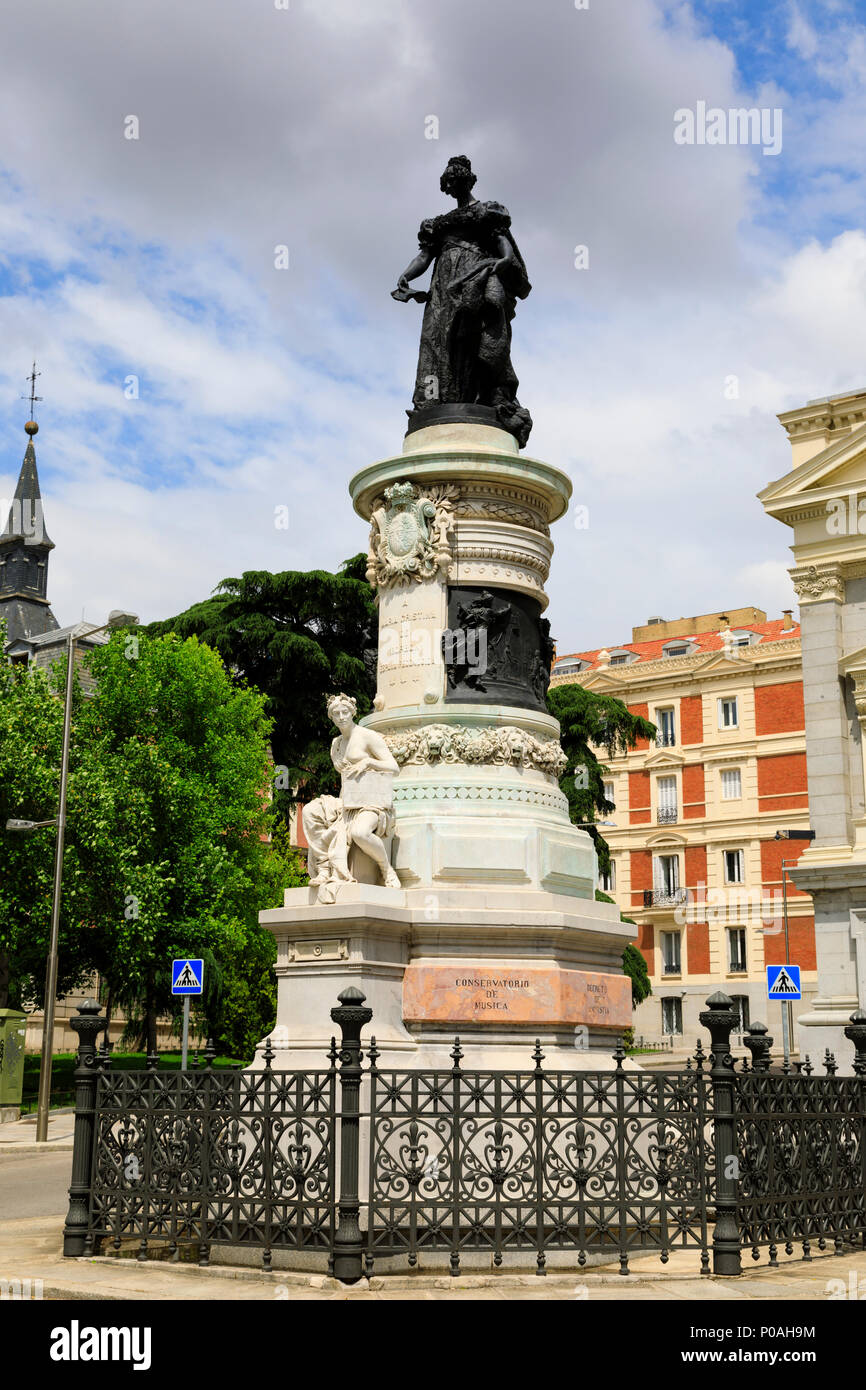 Statua in bronzo della regina Maria Cristina de Borbon davanti al Cason de Buen Retiro, Madrid, Spagna. Maggio 2018 Foto Stock