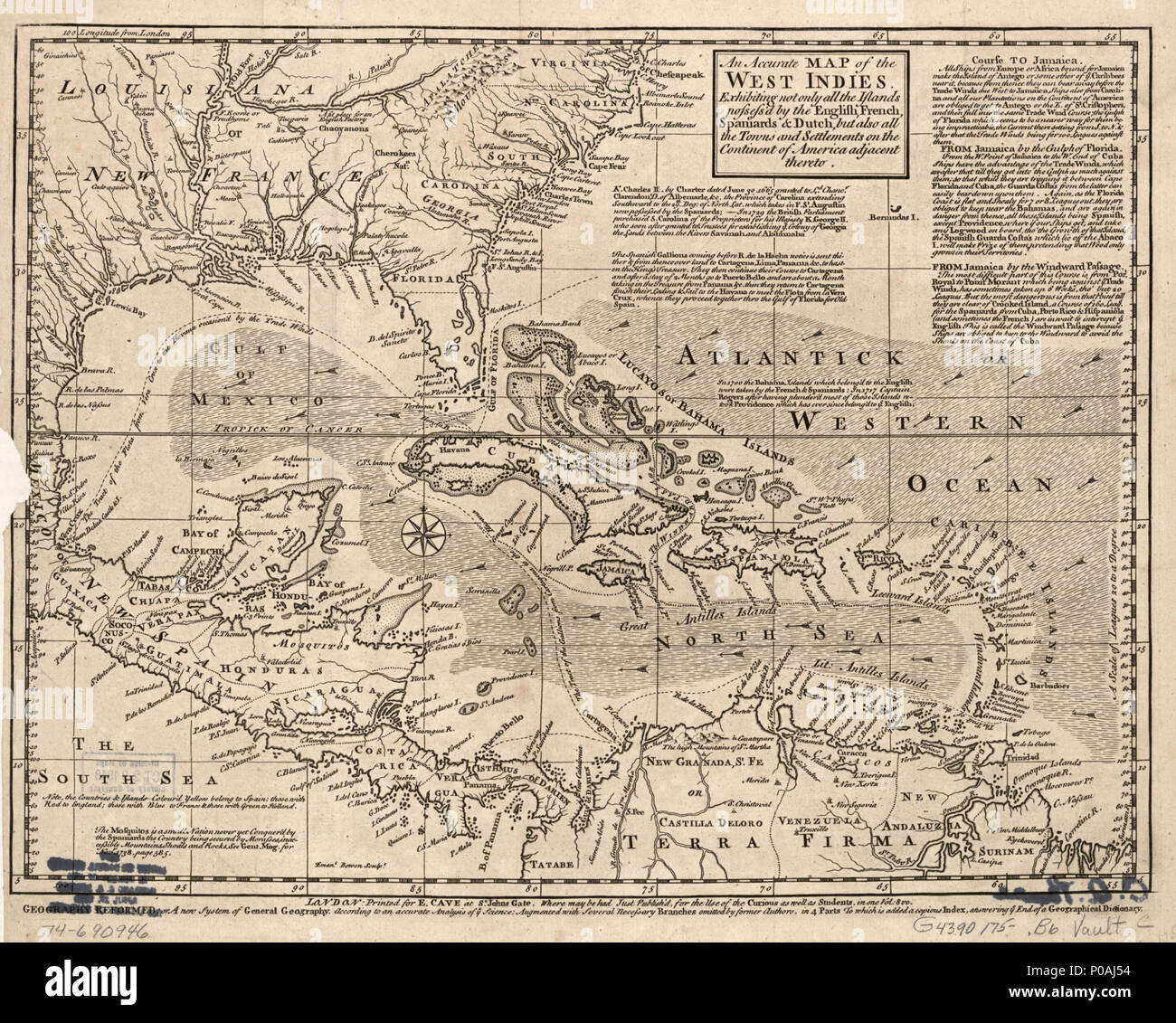 . Inglese: Scala ca. 1:14,000,000. Sollievo mostrato graficamente. Mostra anche meridionale degli Stati Uniti, America Centrale e Sud America settentrionale. "Dove possono essere aveva appena pubblicare'd per l'uso del curioso come pure gli studenti in una vol: 8 vo., Geografia riformato; o un nuovo sistema generale di geografia, secondo una precisa analisi di ye scienza; aumentata con diversi rami necessari omessi dalla ex autori in 4 parti a cui è aggiunto un copioso indice, voi rispondendo alle estremità di un dizionario geografico.' LC mappe di Nord America, 1750-1789, 1681 disponibile anche attraverso la Biblioteca del Congresso Foto Stock