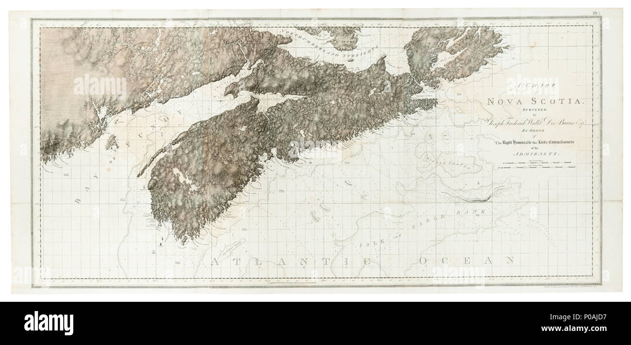 . Inglese: un grafico di Nova ScotiaPlate modifiche: Imprint Il 1 novembre 1780. Il numero di pagina modificata in 'PL.5." border recut. Altre caratteristiche: stampato su carta Bates, bordo giallo. HNS 10G un grafico della Nova Scotia . 1780. Des Barres; Giuseppe Federico Wallet Des Barres 35 un grafico della Nova Scotia RMG K0431 Foto Stock