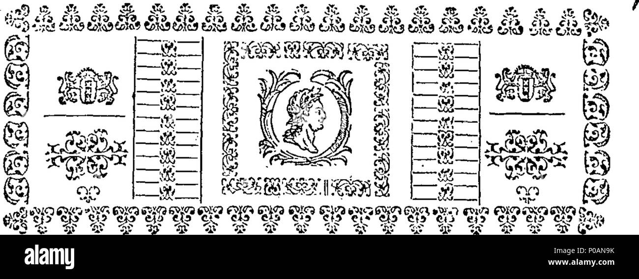 . Inglese: Fleuron dal libro: un atto per la vendita di vari terreni in Bedford livello, la station wagon di destra Onorevole Henry Earl di Lincoln, cavaliere della più nobile Ordine della Giarrettiera, e Katherine Contessa di Lincoln, di sua moglie e per l'acquisto di altre terre e di Hereditaments come grande o un valore maggiore, e la sedimentazione il detto terre, in modo da acquistare, per gli stessi impieghi del detto terre per essere venduti sono ora estinte; e per altri scopi ivi citati. 300 Un atto per la vendita di vari terreni in Bedford Fleuron livello T059067-1 Foto Stock