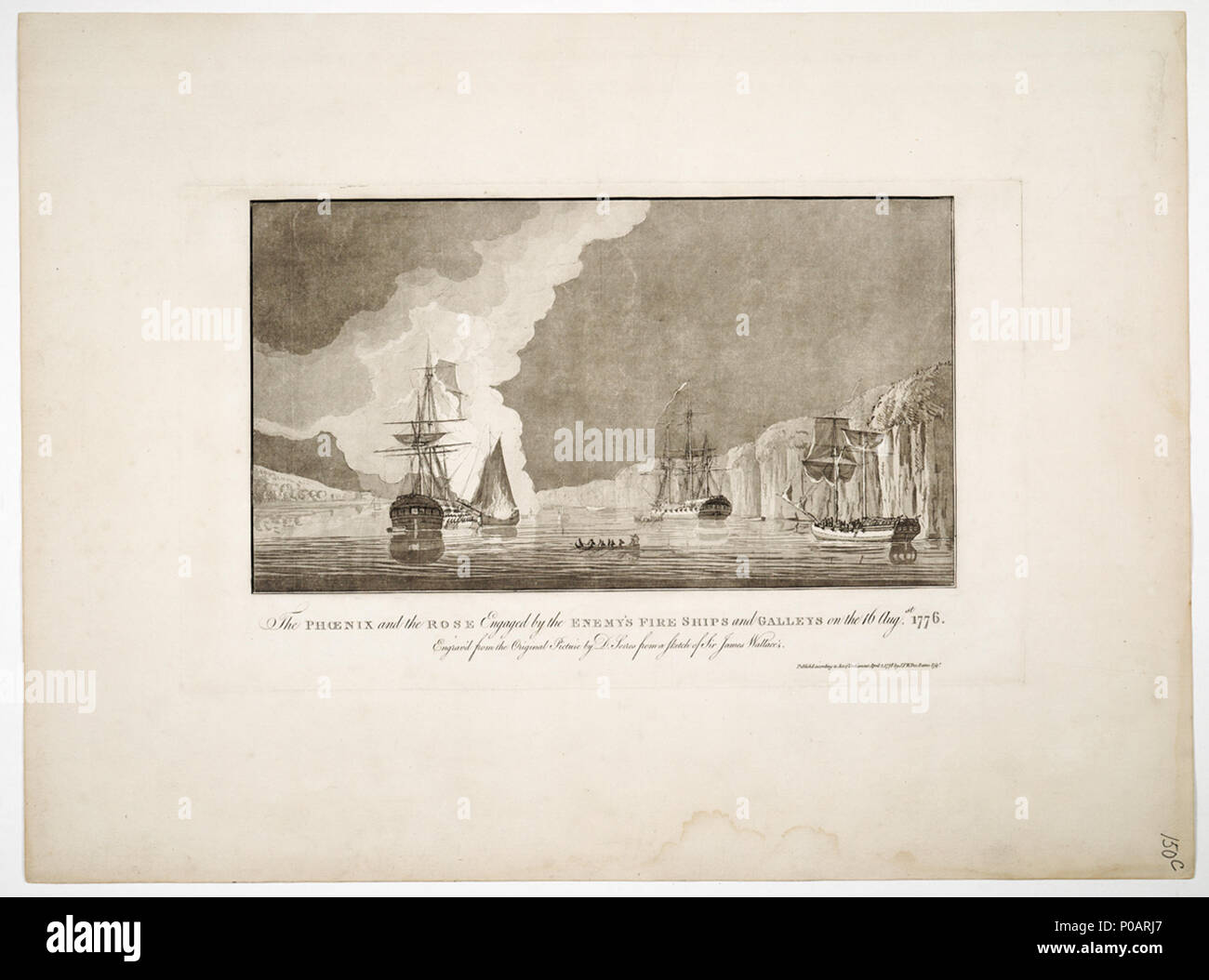 . Inglese: [riferimenti allo schizzo di operazioni a New York (HNS 149) in vista dell'impegno sul fiume Hudson il 16 agosto 1776.]due piastre su un unico foglio. Inciso. (Precedentemente numerate 152.) Questa variante ha solo la vista, senza riferimenti. I cambiamenti di piastra: scogliere sono stati aggiunti e la nave a destra è il dispiegarsi di vele. Altre caratteristiche: stampato su cartoncino Carta Bates, seppia. HNS 150C [riferimenti allo schizzo di operazioni a New York (HNS 149) in vista dell'impegno sul fiume Hudson il 16 agosto 1776.] . 1777. Des Barres; Giuseppe Federico Wallet Des Barres Foto Stock