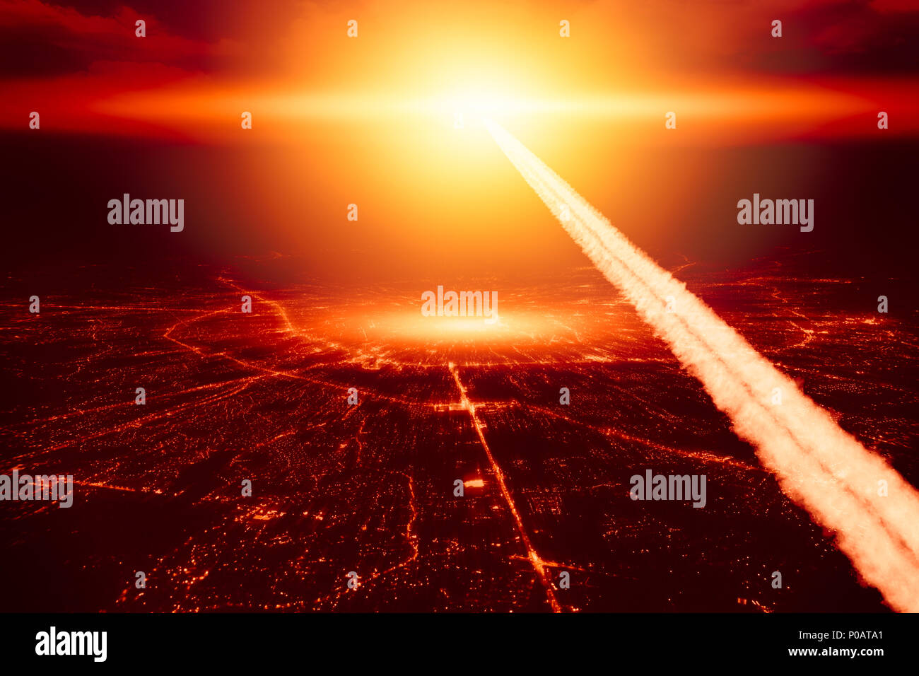 Città distrutta da nuke bomba nucleare ad alta altitudine esplosione nucleare missile esplosivo sopra il cielo guerra mondiale illustrazione del concetto. Foto Stock