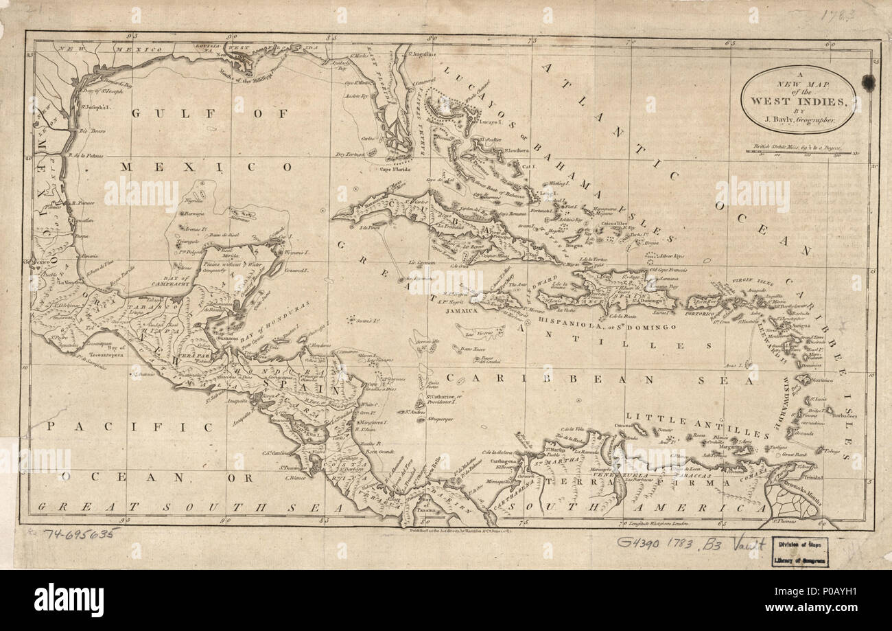 . Inglese: Scala ca. 1:11,250,000. Il primo meridiano: Londra. Sollievo mostrato graficamente. Mostra anche la Florida, orientale del Messico, America Centrale e Sud America settentrionale. LC mappe di Nord America, 1750-1789, 1712 disponibile anche attraverso la Libreria del Congresso sito Web come immagine raster. Vault AACR2: 100; 651/1; 651/2 . Una nuova mappa delle Indie Occidentali,. 1783. Bayly, J.; Harrison e Co. (Londra, Inghilterra) 155 una nuova mappa delle Indie Occidentali, LOC 74695635 Foto Stock