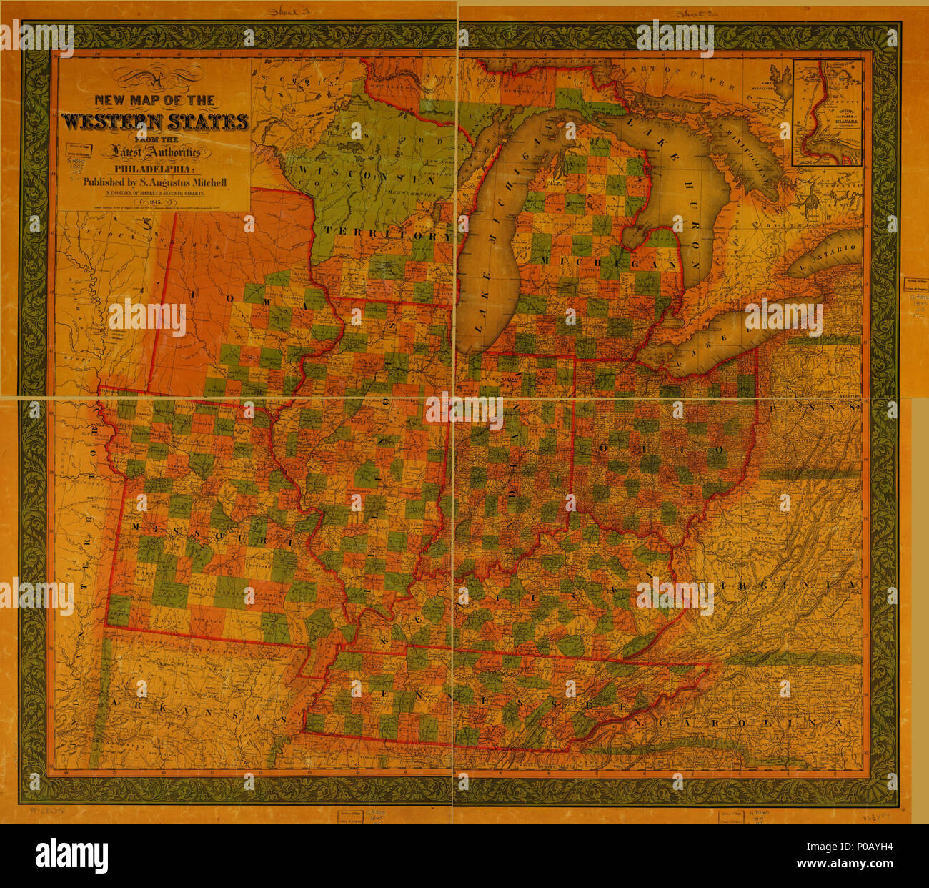 . Inglese: Iowa--Arkansas--Michigan e non archiviato 'West.' disponibile anche attraverso la Libreria del Congresso sito Web come immagine raster. . Una nuova mappa degli Stati occidentali.. 1845. Mitchell, S. Augusto (Samuel Augusto); Mitchell, S. Augusto 155 una nuova mappa degli Stati occidentali. LOC 98685396 Foto Stock