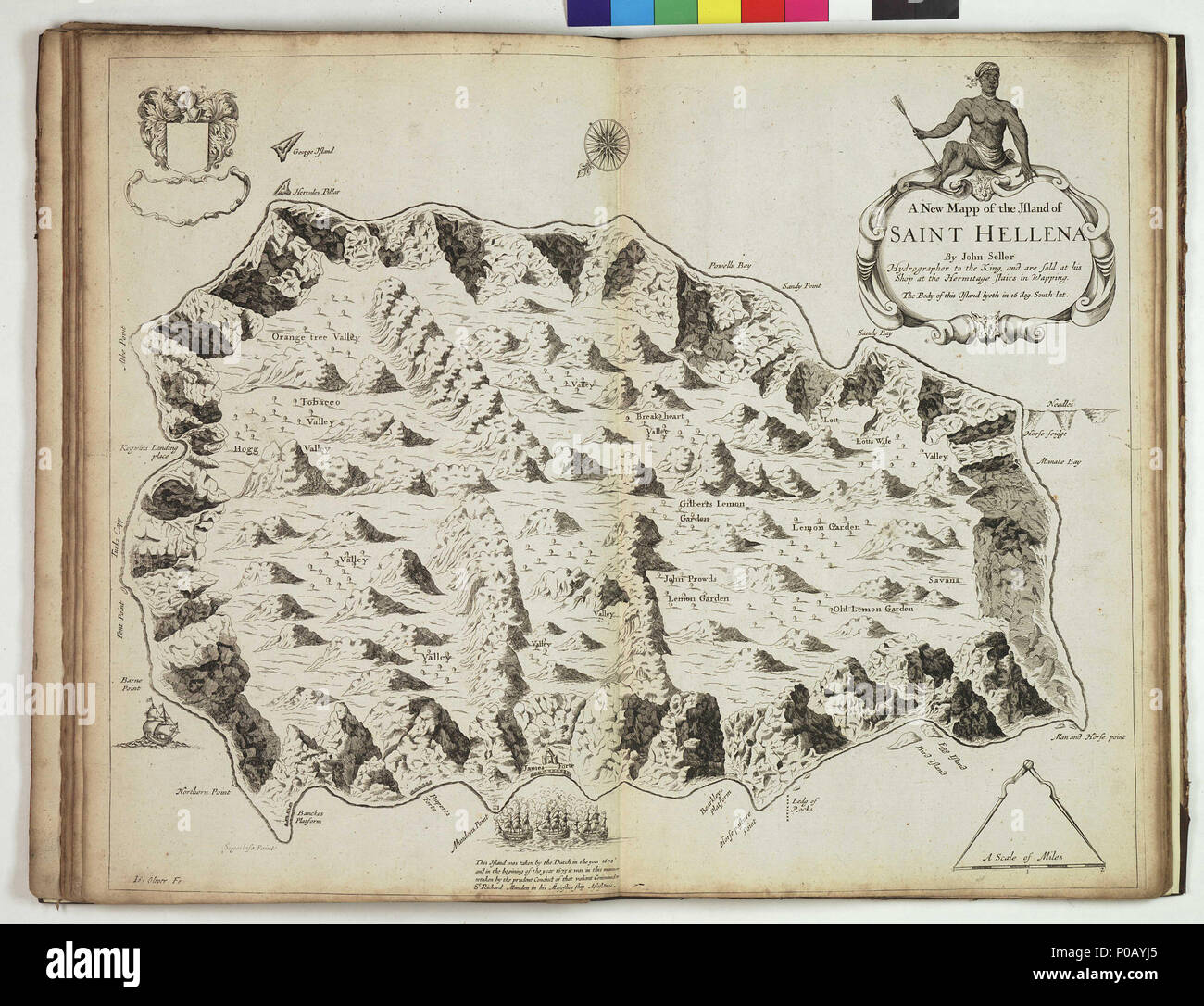 . Inglese: un nuovo mapp dell isola di Saint Hellena..... Il corpo di questa isola lyeth in 16 deg. sud lat.vincolati foglio. Engr. Scala: [ca. 1:4 700 (bar)]. Nota cartografica: Nord a 223 gradi. Manca di graduazione e rhumb lines. La barra graduata in inglese miglia. Ulteriori luoghi: St Helena. Contenuto Nota: mostra le fortificazioni compresa Fort James e Ruperts Fort. Segna la coltivazione dei limoni e tabacco.Un grafico da 'il pilota inglese, il terzo libro, descrivendo... la navigazione orientali". PBE6858, pilota inglese del libro 3, Saint Hellena . 1675. John Darby; Oliver, John; Venditore, John 155 una nuova mappa Foto Stock