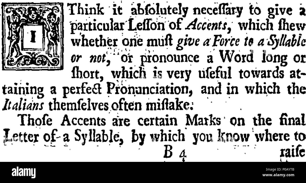 . Inglese: Fleuron dal libro: un nuovo metodo per la lingua italiana: o, ad un breve tratto di strada per imparare. Diviso in due parti. Nella prima sono tutte le regole, diviso in ventisei lezioni; con alcuni tavoli, mediante il quale le lezioni possono essere chiaramente comprensibili a prima vista. La seconda parte contiene una raccolta di diverse frasi e frasi italiane, mediante il quale una persona può esprimersi su qualsiasi discorso di alcun tipo in detta lingua. Più umilmente dedicato a destra onorevole signora Dorothea Savelli, contessa di Burlington, &c. Da Angelo Maria Cori, Romano; Master del Latino, Spagnolo Foto Stock