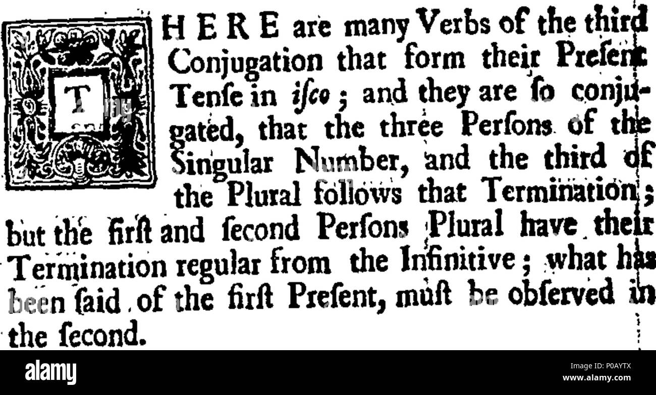 . Inglese: Fleuron dal libro: un nuovo metodo per la lingua italiana: o, ad un breve tratto di strada per imparare. Diviso in due parti. Nella prima sono tutte le regole, diviso in ventisei lezioni; con alcuni tavoli, mediante il quale le lezioni possono essere chiaramente comprensibili a prima vista. La seconda parte contiene una raccolta di diverse frasi e frasi italiane, mediante il quale una persona può esprimersi su qualsiasi discorso di alcun tipo in detta lingua. Più umilmente dedicato a destra onorevole signora Dorothea Savelli, contessa di Burlington, &c. Da Angelo Maria Cori, Romano; Master del Latino, Spagnolo Foto Stock
