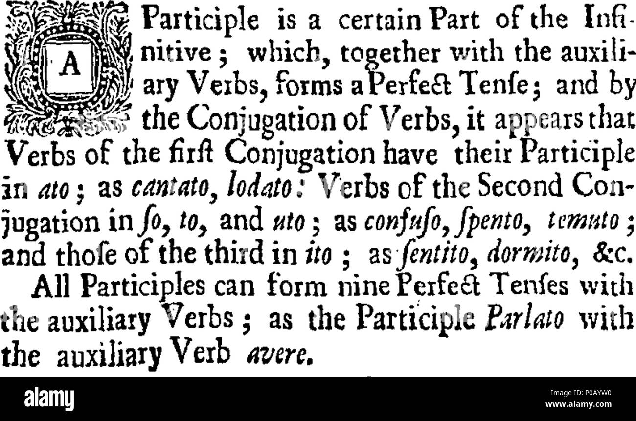 . Inglese: Fleuron dal libro: un nuovo metodo per la lingua italiana: o, ad un breve tratto di strada per imparare. Diviso in due parti. Nella prima sono tutte le regole, diviso in ventisei lezioni; con alcuni tavoli, mediante il quale le lezioni possono essere chiaramente comprensibili a prima vista. La seconda parte contiene una raccolta di diverse frasi e frasi italiane, mediante il quale una persona può esprimersi su qualsiasi discorso di alcun tipo in detta lingua. Più umilmente dedicato a destra onorevole signora Dorothea Savelli, contessa di Burlington, &c. Da Angelo Maria Cori, Romano; Master del Latino, Spagnolo Foto Stock
