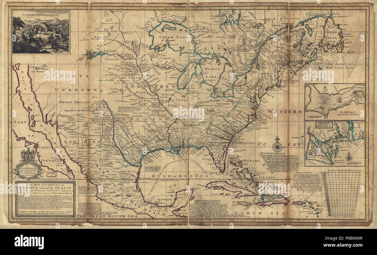 155 Una nuova mappa del nord parti dell America rivendicato dalla Francia sotto i nomi di voi della Louisiana, Mississipi (ossia Mississippi), Canada e Nuova Francia con voi territori contigui di Inghilterra e Spagna - LOC 2001624907 Foto Stock