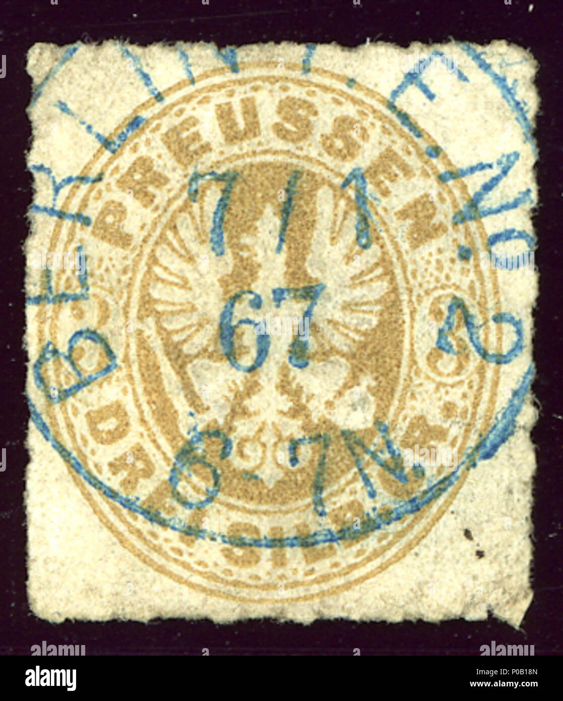 . Inglese: Timbro della Prussia, 3 SilberGroschen problema 1861, blu annullato a Berlino Post spedizione N°2 in1867. . 25 agosto 2013, 13:32:56. 1 Jacquesverlaeken 1867 Preussen 3SGr BerlinPE2 Mi18 Foto Stock