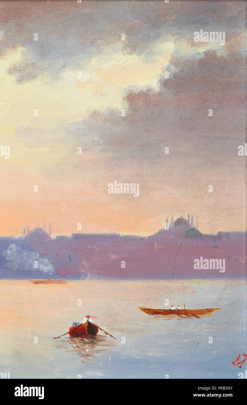 . Deutsch: Blick auf Konstantinopel im "Abendrot", monogrammiert MT (ligiert), Öl auf Karton, 27 x 18 cm . circa 1900. anonimo, monogrammed "MT" 4 MT Blick auf Konstantinopel im "Abendrot" Foto Stock