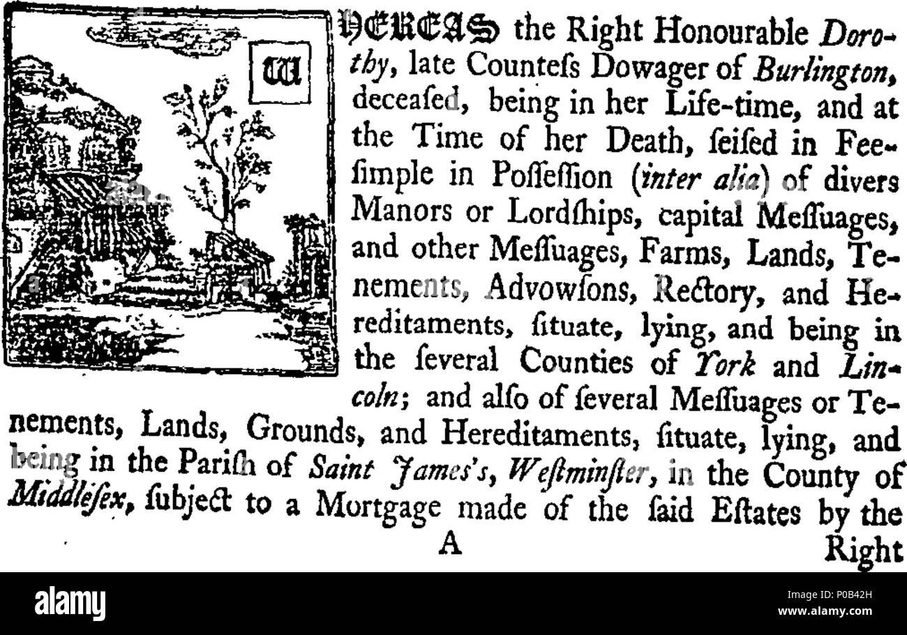 . Inglese: Fleuron dal libro: un atto per la maturazione di consolidata estates di Dorothy tardi la contessa Dowager di Burlington, giacenti nelle contee di Middlesex, York e Lincoln, fiduciari, per essere venduti, ... 300 Un atto per la maturazione di consolidata estates di Dorothy tardi la contessa Dowager di Burlington Fleuron T065733-1 Foto Stock