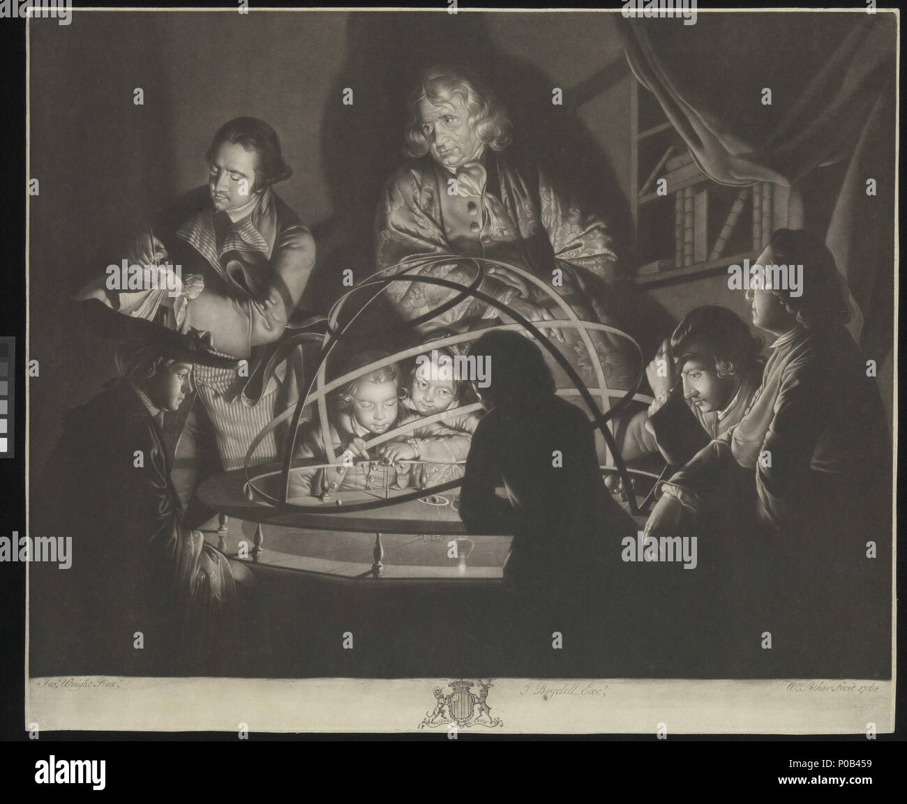 . Inglese: un filosofo dando una lezione su Orrery questo mezzatinta è basato su Joseph Wright del Derby del dipinto, esposti per la prima volta dalla società di artisti nel 1766 sotto il titolo 'Un filosofo dando lezioni sulla Orrery, in cui la lampada viene messa al posto del sole". La lezione ha spiegato del copernicano, o eliocentrico, teoria del sistema solare collocando una candela al centro di orrery e lasciando il modello pianeti ruotano intorno ad esso. Si tratta di un grand orrery, con cerchiature metalliche e circoli sopra che rappresenta la sfera celeste, una proiezione della terra asse inclinato ed equa Foto Stock