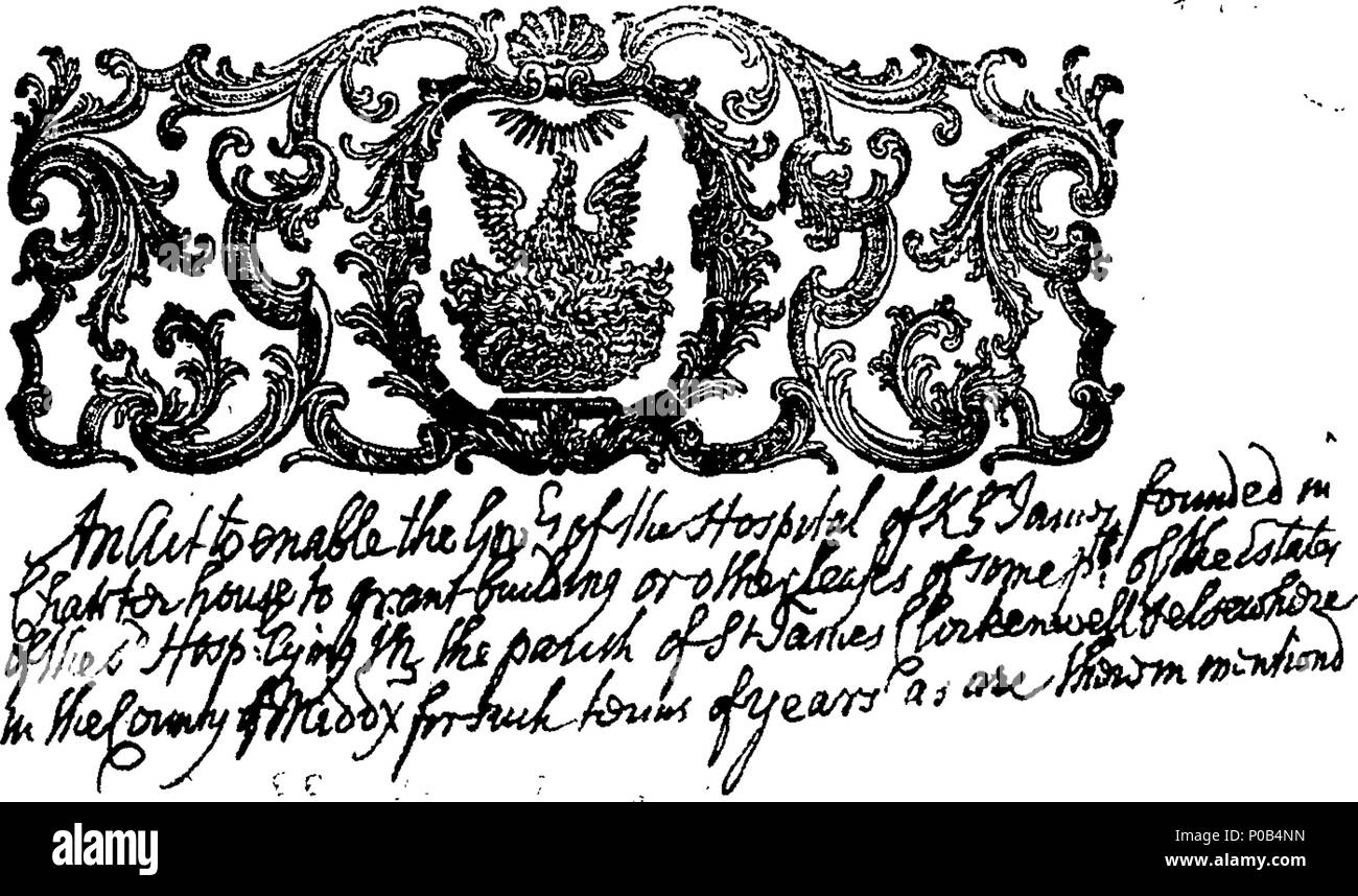. Inglese: Fleuron dal libro: un atto ad abilitare i governatori dell ospedale di King James, fondata nella Certosa di San Giacomo, la concessione di costruzione o di altri contratti di locazione di alcune parti degli immobili di detto ospedale, giacente nella parrocchia di Saint James Clerkenwell, e altrove, nella contea di Middlesex, per tali termini di anni come sono ivi citati. 301 Un atto ad abilitare i governatori dell ospedale di King James Fleuron T062029-1 Foto Stock