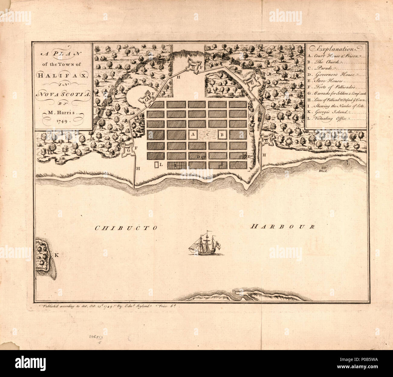 . Inglese: rilievo mostrato da hachures. Include indice e illustrazioni. Disponibile anche tramite la Biblioteca del Congresso sito Web come immagine raster. . Una pianta della città di Halifax in Nova Scotia. 1749. Harris, Mosè 171 una pianta della città di Halifax in Nova Scotia LOC 2017585990 Foto Stock