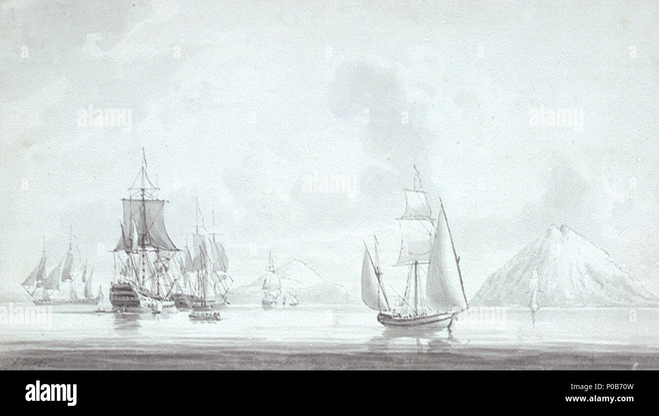 . Inglese: una polacca e gli uomini di guerra in arie di luce spenta Stromboli, 1785 Il marine autori Robert e John Cleveley erano i due gemelli figli di Giovanni Cleveley, noto per i suoi dipinti di navi di essere lanciato, di solito a Deptford. Robert, il cui stile di disegno è simile a quella di Dominic Serres, è stata strettamente associata con la Royal Navy e nella sua volontà descrive se stesso come commissario di bordo del sistema HMS 'Sussex'. È pertanto probabile che egli avrebbe visitato il Mediterraneo. L'isola di Stromboli, un importante punto di riferimento al largo della costa della Sicilia, è stato anche disegnato da serre e usato come una piastra nel "Liber Nau Foto Stock