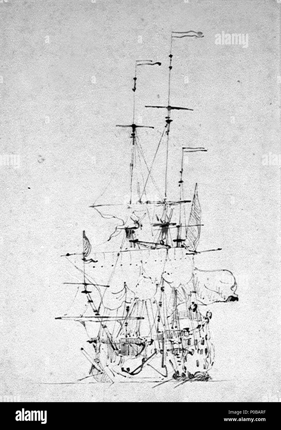 . Inglese: una nave inglese all'ancoraggio di un vicino porto vista di prua di una nave ancorata. Fore corso sciolto nel brails; gli uomini di stivaggio della veletta anteriore; la mezzana sciolto. Vi è una leggera brezza a dritta. Questa è una unsigned penna e inchiostro bruno disegno dal più giovane. Una nave inglese all'ancoraggio . circa 1685. Willem van de Velde il giovane 313 Una nave inglese all'ancoraggio RMG PW6967 Foto Stock