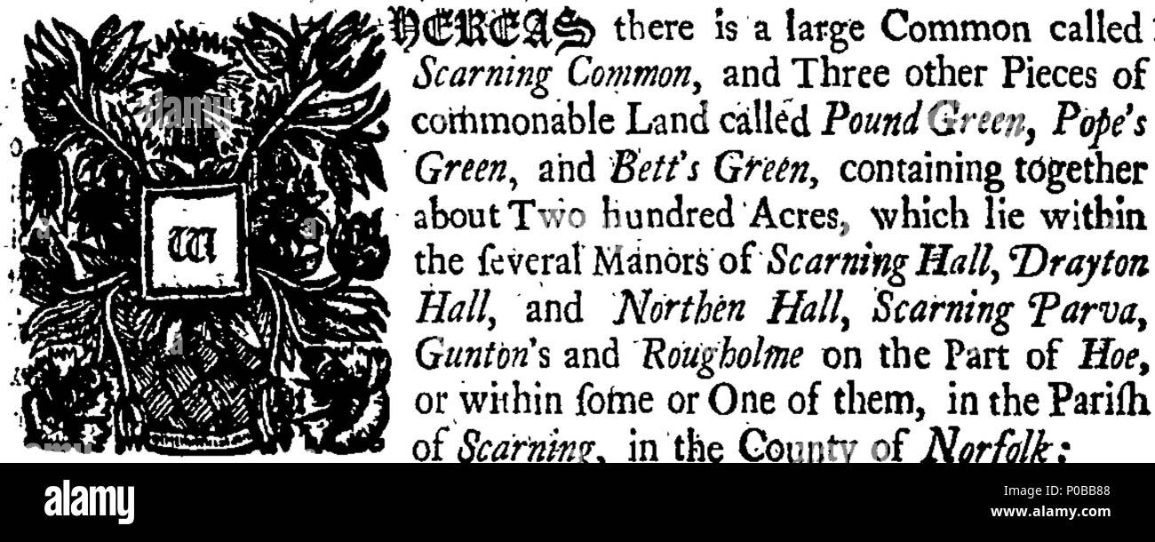 . Inglese: Fleuron dal libro: un atto per dividere e inclosing il comune chiamato Scarning comune e i verdi chiamato Pound verde, ... giacente all'interno di numerosi manieri di Scarning Hall, Drayton Hall, ... e nella parrocchia di Scarning, nella contea di Norfolk. 296 Un atto per dividere e inclosing il comune chiamato Scarning Fleuron comune T065723-1 Foto Stock