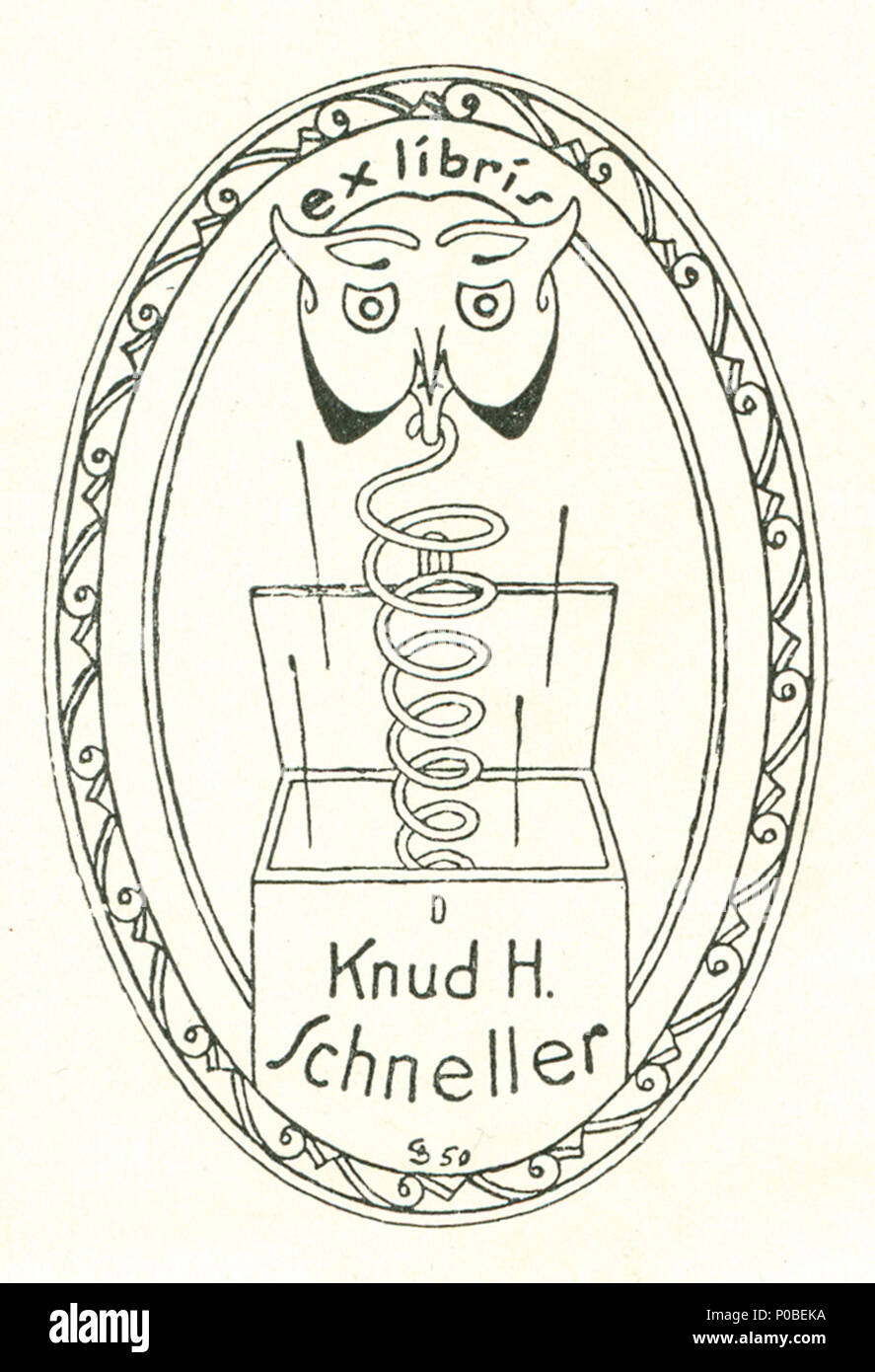 . Deutsch: Joseph Sattler, Ex libris für Knud H. Schneller. Monogrammiert. Höhe 8; Breite 5,5 cm (Bild). Stempel auf Rückseite: Josef Schoenecker - Wien, Klischee, 1951 . 28 novembre 2013, 11:38:38. Joseph Sattler (1867-1931) 56 Joseph Sattler Ex libris Knud H. Schneller Foto Stock