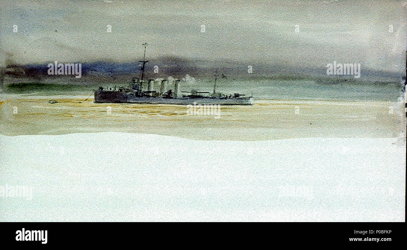 . Inglese: Un Admiralty 'M'-class destroyer giacente in corrispondenza di un ormeggio di questa tre-incanalata destroyer è databile al 1915-18: la posizione è non identificabili. Se la banda nera sopra la nave è destinata a rappresentare una coatline, suo moor-come la tonalità , suggerisce acque scozzesi come Scapa Flow, ma se solo un cielo scuro potrebbe essere nel sud inglese acque su un equivalente giornata uggiosa. [BTodd/PvdM 1/13] . 1915-18. William Lionel Wyllie (1851-1931) nomi alternativi W. L. Wyllie Descrizione pittore inglese Data di nascita e morte 5 Luglio 1851 6 aprile 1931 Luogo di nascita e morte Londra Londra un Foto Stock