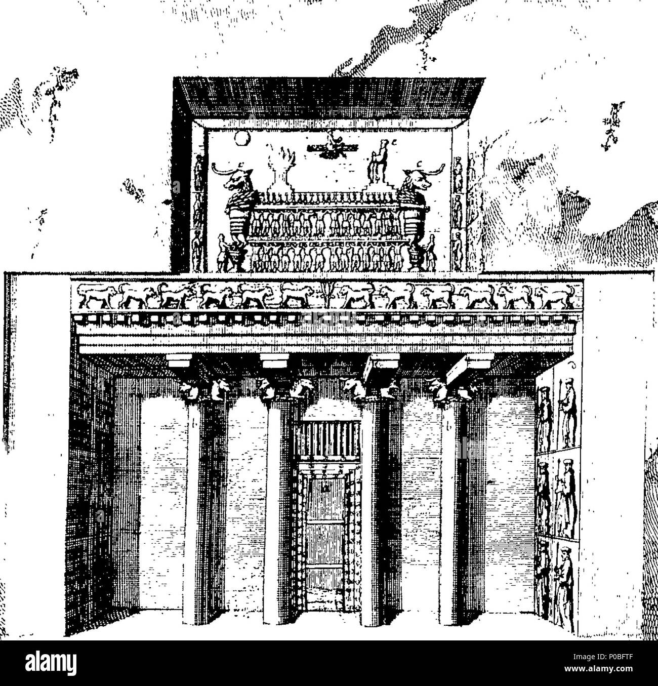 . Inglese: Fleuron dal libro: un piano di civile e architettura storica, nella rappresentazione dei più noti edifici di nazioni straniere, sia antichi che moderni: presi dalla maggior parte Approv'd storici, medaglie originale, notevoli resti, e curiosi Authentick disegni; e visualizzare'd in ottantasei folio doppia-piastre, finemente engraven, in corrispondenza di una molto grande oneri, dal più eminente mani; diviso in cinque libri. Contenenti. Prenota I. Twenty-Two piastre degli antichi Ebrei, egiziane, siriane, persiano e Grecian Edifici, monumenti, piramidi, &c. in cui i modi di struttura utilizzata da tho Foto Stock