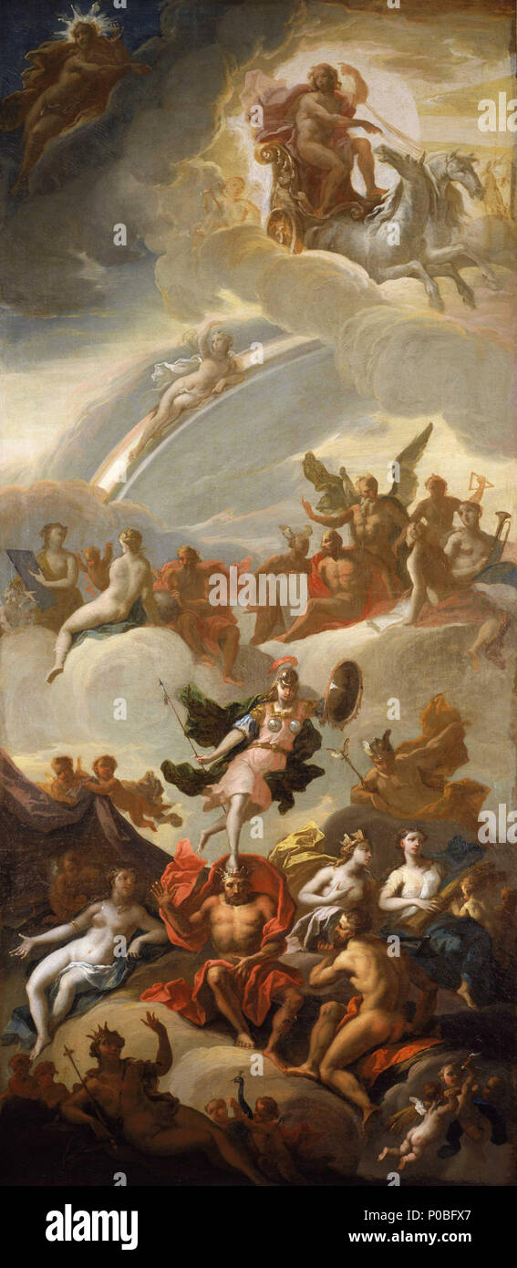 Inglese: Allegoria di Apollo e Minerva come la saggezza e le arti  allegorico di un pannello decorativo, raffigurante il gruppo degli dèi sul  Monte Olimpo. Apollo, nella sua personificazione come la