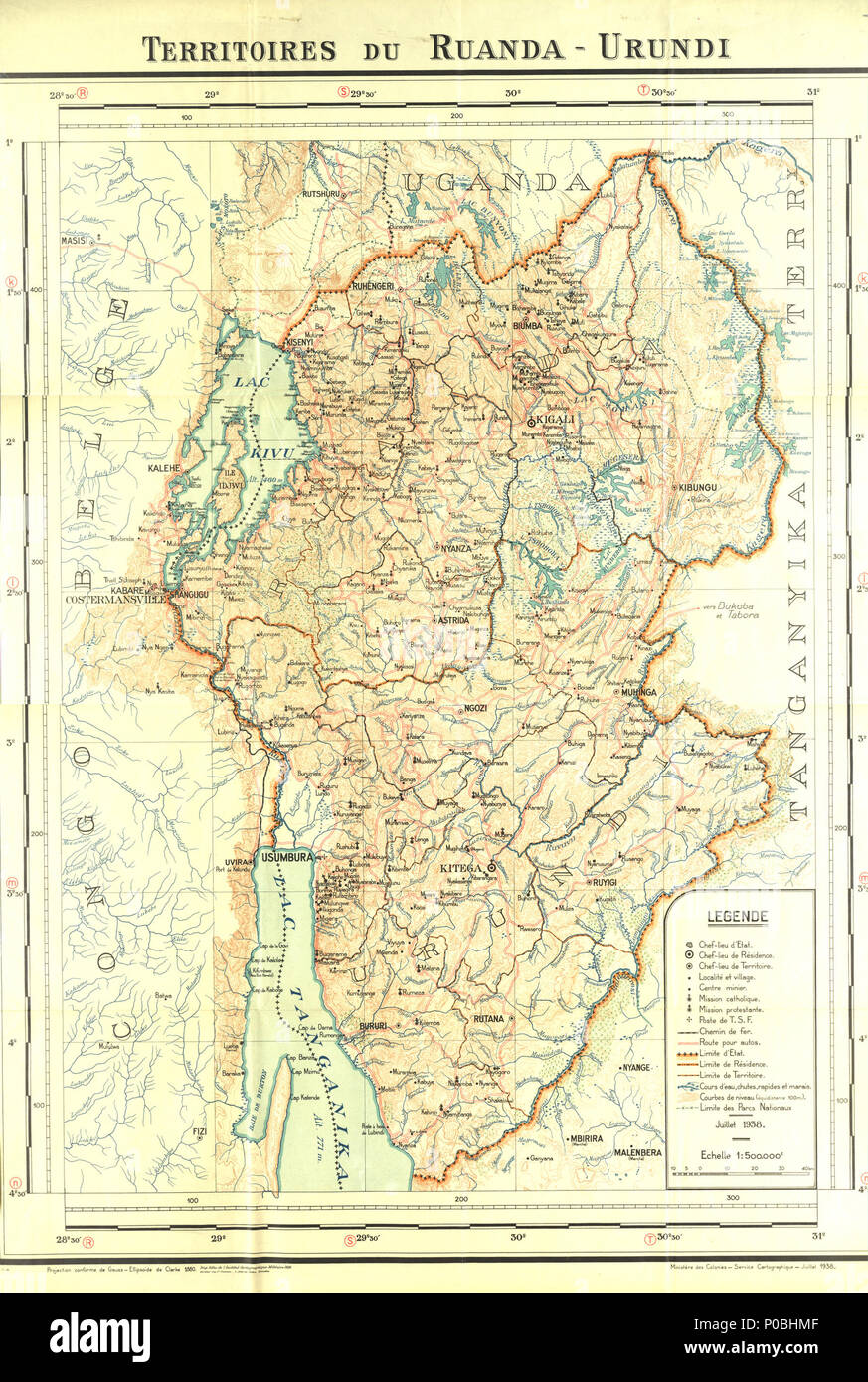 . Français : Territoires du Ruanda-Urundi 1929-1938 . Il 20 gennaio 2014, 16:00:50. 1929 Institut Cartographie Militaire/ 1938 Min. colonie? 6 RUANDA URUNDI 1 Foto Stock