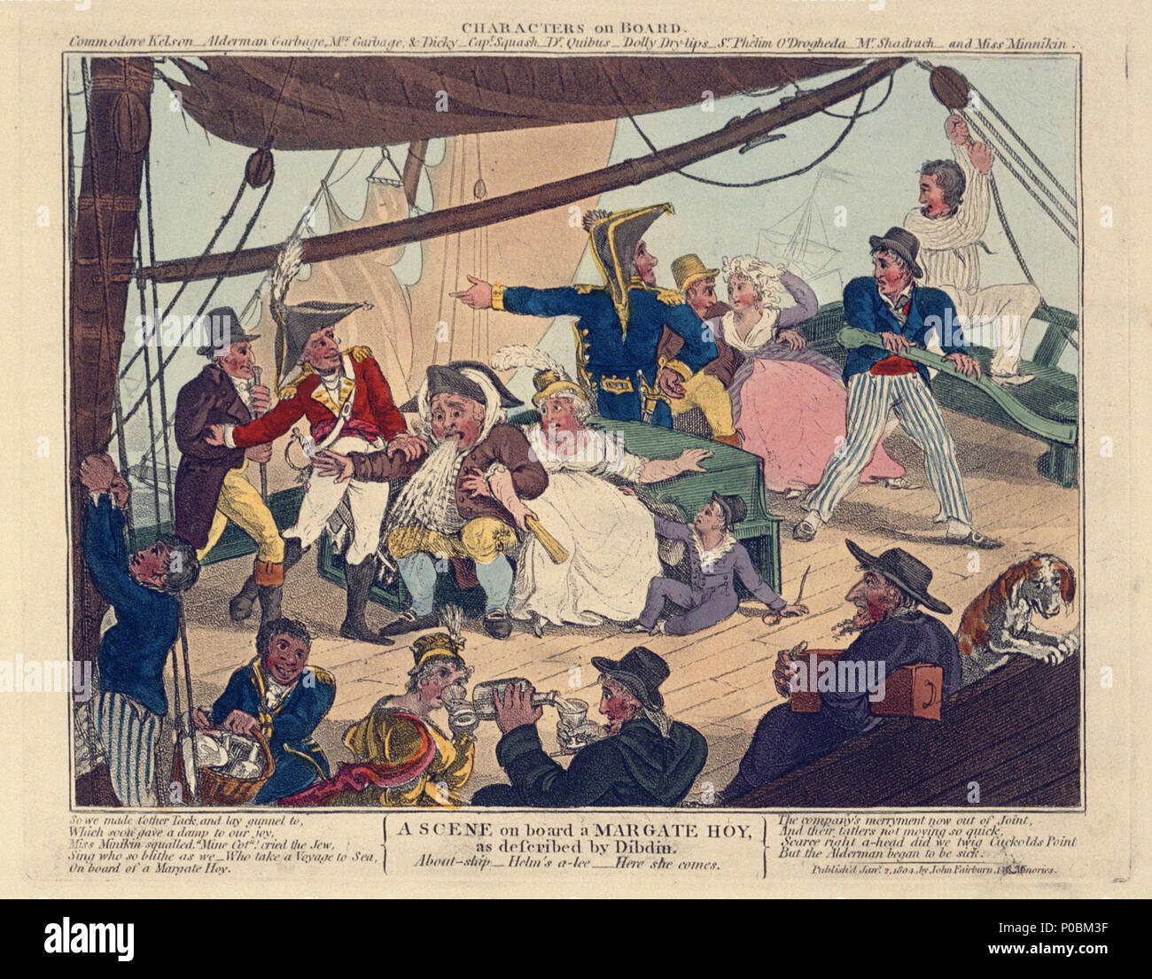 . Inglese: una scena a bordo di una Margate Hoy come descritto da Dibdin (caricatura) un deck-scena sul bordo di una Margate hoy - regolari di navi a vela in esecuzione tra che north Kent resort costiero e Londra e punti tra i due. Esso mostra la nave andando su e una varietà di tipi di passeggeri che hanno utilizzato tali navi sempre più mare-malati dalla nave in movimento per il divertimento di alcuni dei membri di equipaggio - il cui abito, tuttavia, appare piuttosto troppo naval in alcuni casi. Il comico i nomi di alcuni dei 'tipi' mostrato sono elencati nella parte superiore, compresi Assessore Garbage (essendo malato in cento Foto Stock