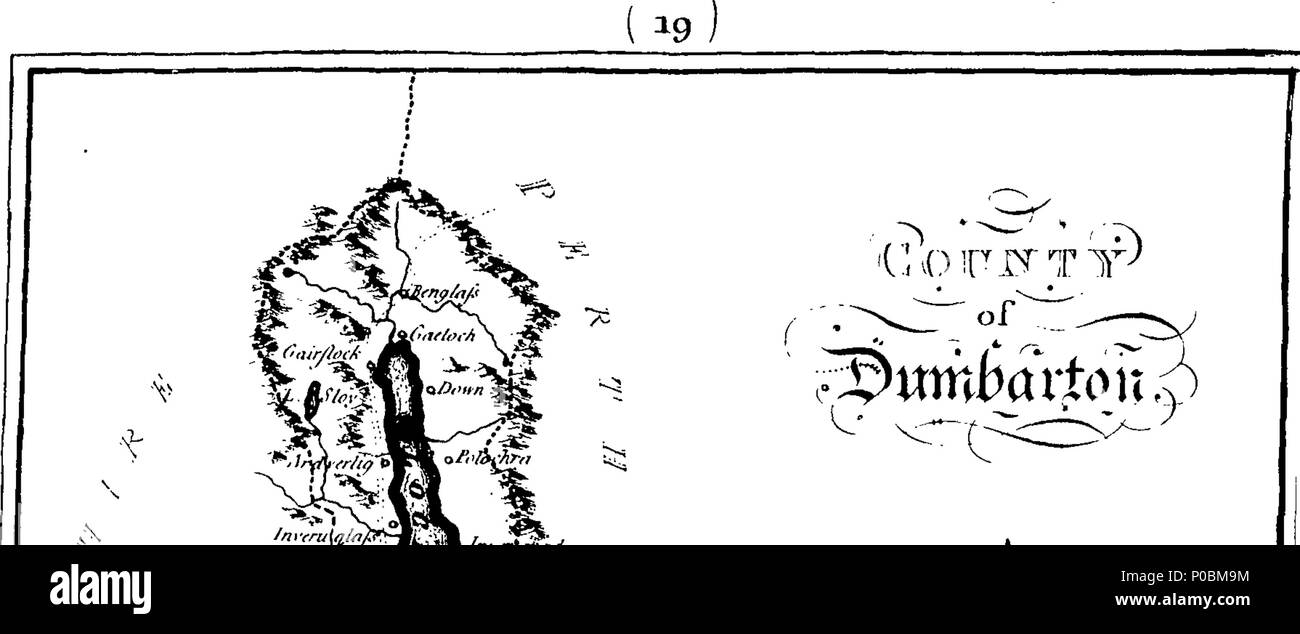 . Inglese: Fleuron dal libro: scotch atlas; o la descrizione del Regno di Scozia: diviso in contee con le suddivisioni di sherifdoms; annunziando i rispettivi confini e misura, suolo, produrre, miniere, minerali, metalli, il loro commercio e produce; anche le loro città e città del capo, i porti marittimi, montagne, fiumi, foreste, laghi &c. con il grande capitale e da[e] strade, passa, le fortificazioni e altre indicazioni. Tutto preso da rilievi topografici, regolata da osservazioni astronomiche, da Mostyn John Armstrong, geografo. Splendidamente incisi su 30 piastre di rame da H: Ashb Foto Stock