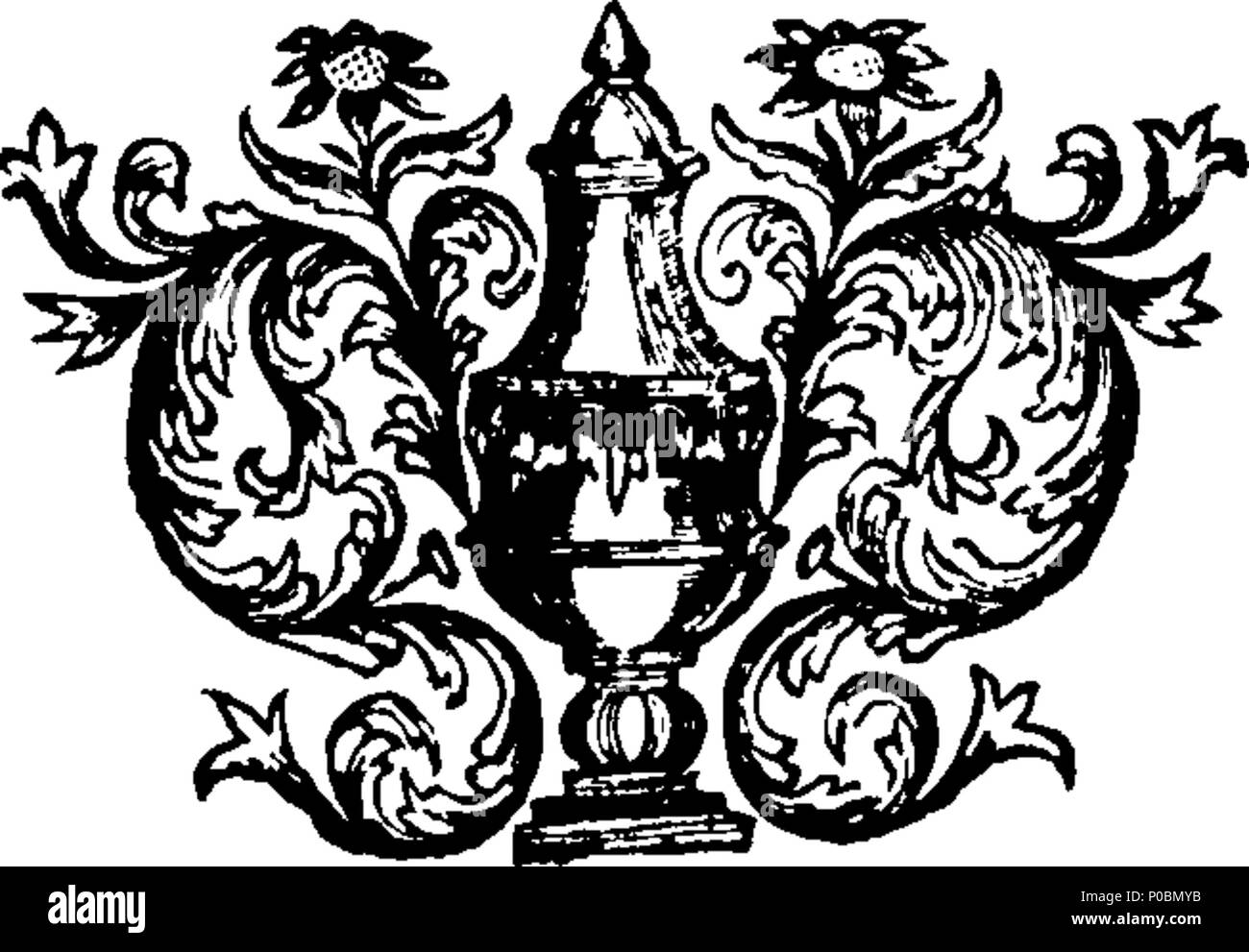 . Inglese: Fleuron dal libro: un epitaffio sulla sua grazia Giovanni, Duca di Marlborough. Chi se ne andò da questa vita luglio xix 1714, e giace ora interr'd nella città di Anversa. Scritto da un monaco dell'Ordine di San Domenico. E tradotto in inglese da un membro della Marlborough-Club. 316 un epitaffio sulla sua grazia Giovanni, Duca di Marlborough Fleuron T120685-5 Foto Stock