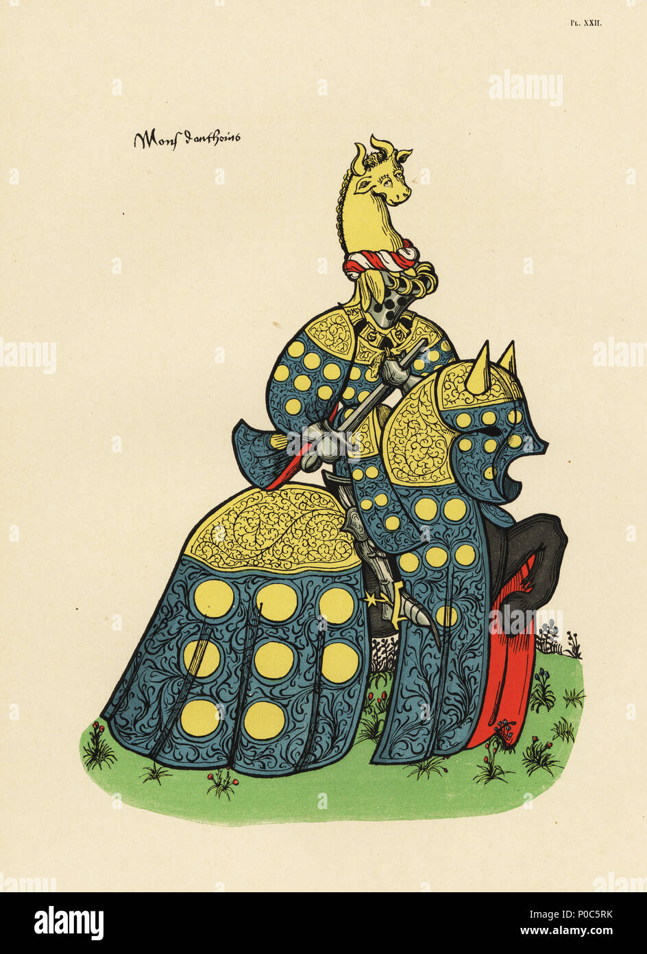 Jean IV de Melun, governatore di Gand, 1396-1484. Chromolithograph da Loredan Larchey's Ancien Armorial Equestre de la Toison d'Or et de l'Europe au 15e siecle (Antica Armorials equestre dell'ordine del vello d'oro e l'Europa nel XV secolo), Parigi, 1890. Dal manoscritto illustrato 4790 nella Bibliotheque de l'Arsenal. Timone con la cresta della testa di un toro. Foto Stock