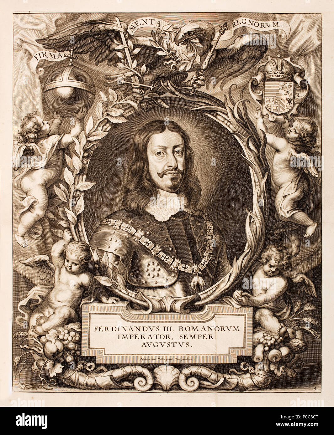 . Français : Ferdinando III, empereur des romani inglese: Ferdinando III, Imperatore del Sacro Romano Impero, 1608-1657. Eagle con spade, banderolle testo latino: "Firma menta regnorum' (Fondazioni dei regni). Teste di putti. Cornucopia. Globus cruciger. Nederlands: Keizer Ferdinando III . 1717. Anselm van Hulle (1601-dopo il 1674) nomi alternativi Anselmus Hebbelijnck, Anselmus Hebbelynck, Anselm von Hulle, Anselmus van Hulle, Anselmus von Hulle Descrizione pittore fiammingo e disegnatore Data di nascita e morte 23 luglio 1601 (battezzato) dopo 1674 Luogo di nascita e morte Gand Gand (?) periodo di lavoro 1620-1674 W Foto Stock