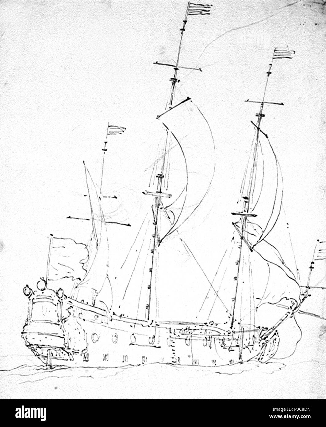 . Inglese: una nave inglese in un acquartieramento breeze un vicino a vista da a poppavia del fascio di dritta di una due-decker con il vento sulla porta quarto. Ella è in corso di avanzamento con i fogli alleggerite, Mezzana, e in avanti e topsails principale. Questa è una unsigned penna e inchiostro bruno disegno dal più giovane, più leggero il lavoro preliminare a matita. Una nave inglese in un acquartieramento brezza . circa 1685. Willem van de Velde il giovane 313 Una nave inglese in un acquartieramento breeze RMG PW6968 Foto Stock