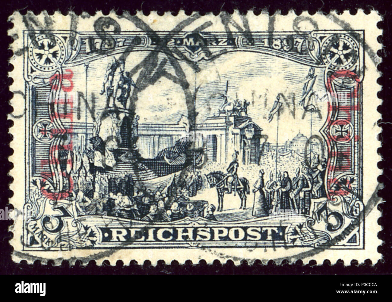 . Inglese: Timbro di Deutsche Post in Cina, rosso la sovrastampa su 3 Mk (Germania Mi 65), edizione 1901, annullata TIENTSIN Cina su 3-7-04. Michel N°26. . 16 marzo 2014, 17:36:49. Il design del Mi65 francobollo tedesco da W. Roese, ispirato da un dipinto di William Pape (1859-1920). 1 1904 Cina 3Mk Tientsin Mi26 Foto Stock