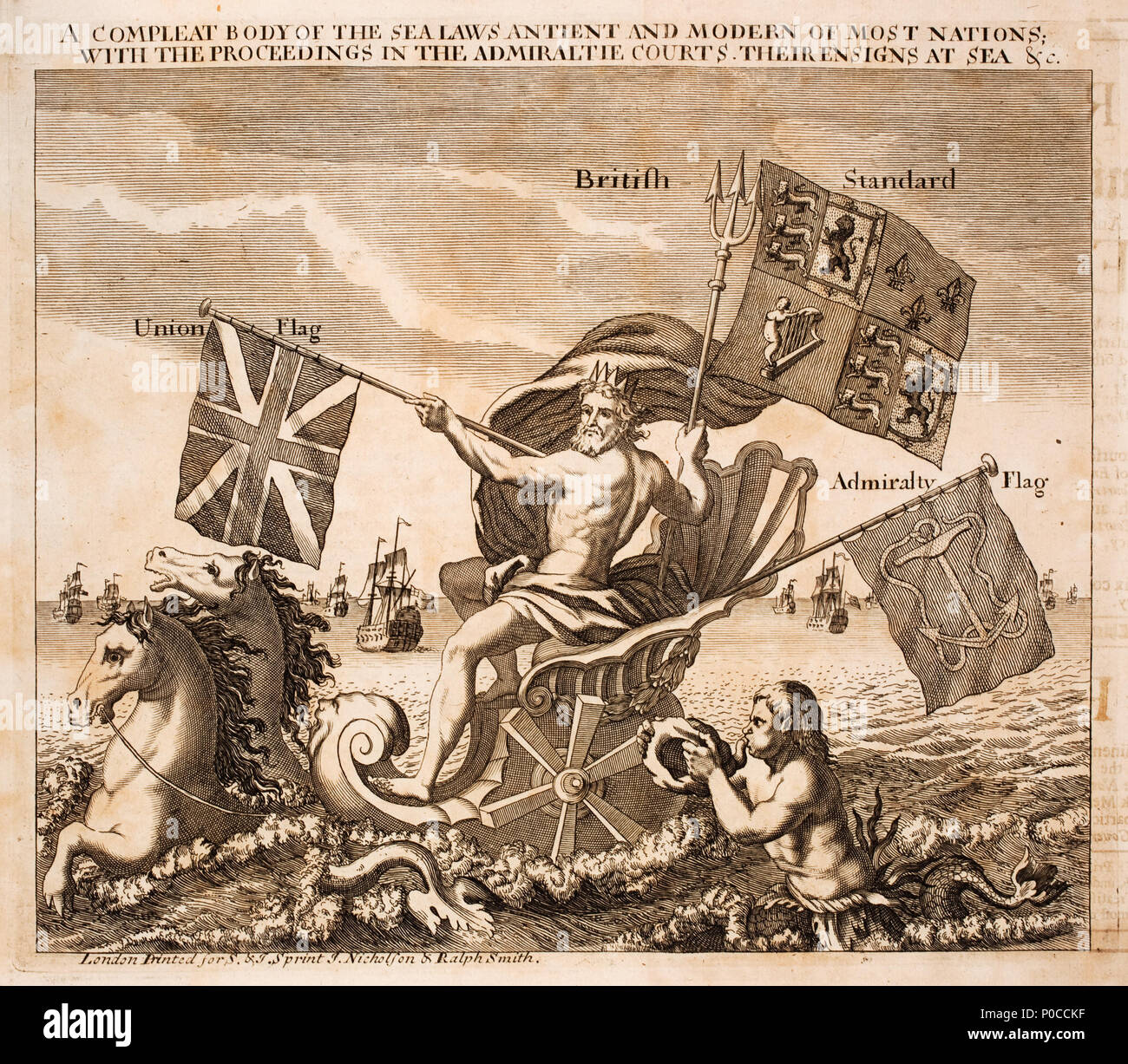 . Inglese: Frontispice 'un corpo completo del mare leggi antient e moderna della maggior parte delle nazioni con il procedimento dei tribunali admiraltie, ther alfieri in mare, &c.' mostra Nettuno dimaneggio bandiere britanniche in mare. Partenze Navi, cavalli marini (ippocampo), un Tritone che soffia su una conchiglia. Nederlands: Titelpagina incontrato Neptunus die op zee zwaait incontrato Britse vlaggen. Zeilschepen, een Triton blaast op een kinkhoorn, mythologische zeepaarden (ippocampo). . [1710]. Sconosciuto 278 Alexander-Justice-Samuel-Pepys-Josiah-Burchett-un-general-TRATTATO-di-il-dominio-di-il-mare MG 1104 Foto Stock