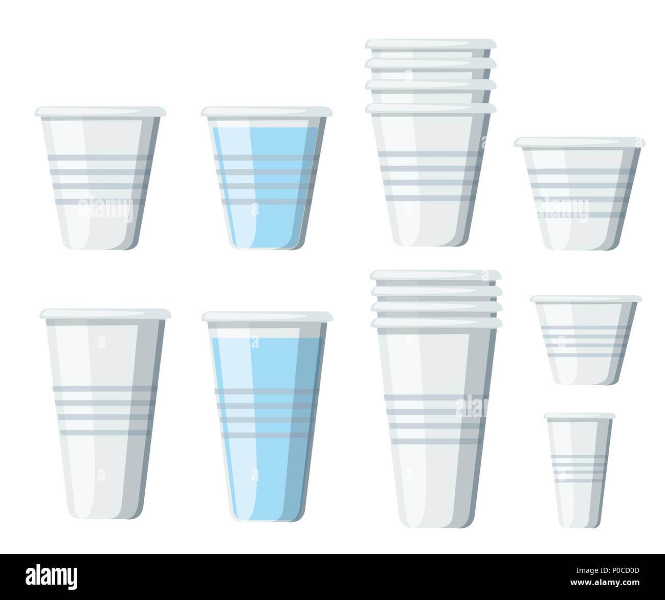 Set di bicchieri di plastica. Trasparente tazze monouso di diverse dimensioni. Bicchieri vuoti e con acqua. Illustrazione di vettore isolato su sfondo bianco. Illustrazione Vettoriale