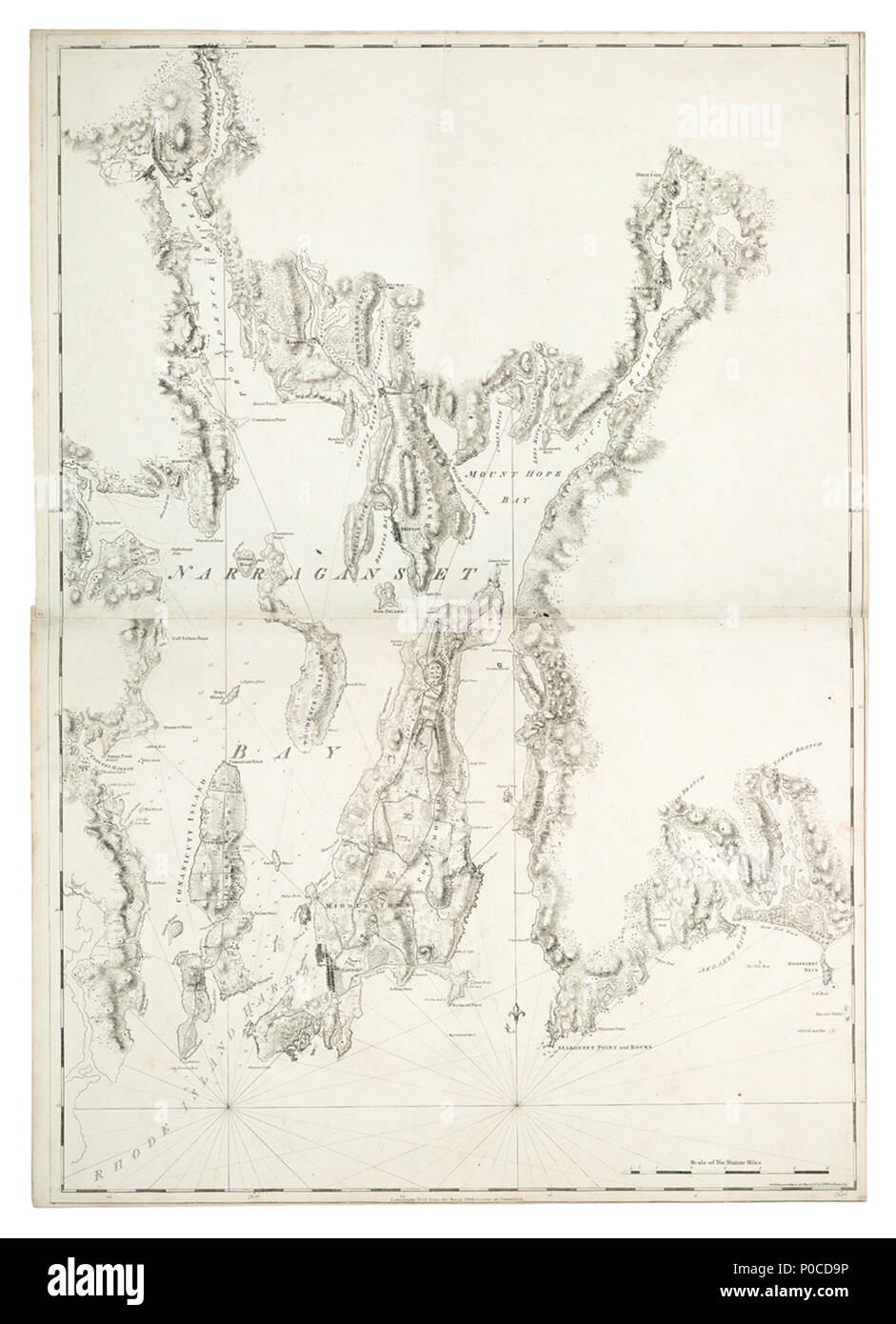 . Inglese: un grafico del porto di Rhode Island e Narraganset Bay censite nel perseguimento di direzioni dai signori del commercio a Sua Maestà il geometra generale per il distretto settentrionale del Nord AmericaTwo fogli. Inciso. Scala: ca. 1:50 000 (bar). Nota cartografica: variazione mostrata a 6 gradi W. Bar scala in statuto miglia. Contenuto Nota: 86F e successive varianti mostrano la situazione delle navi britanniche e le forze al momento d'Estaing flotta francese ancorata e sbarcati, dal 29 luglio al 9 agosto 1778. I cambiamenti di piastra: Imprint 3 maggio 1776. Stampato su carta LVG. Manca soundi manoscritte Foto Stock