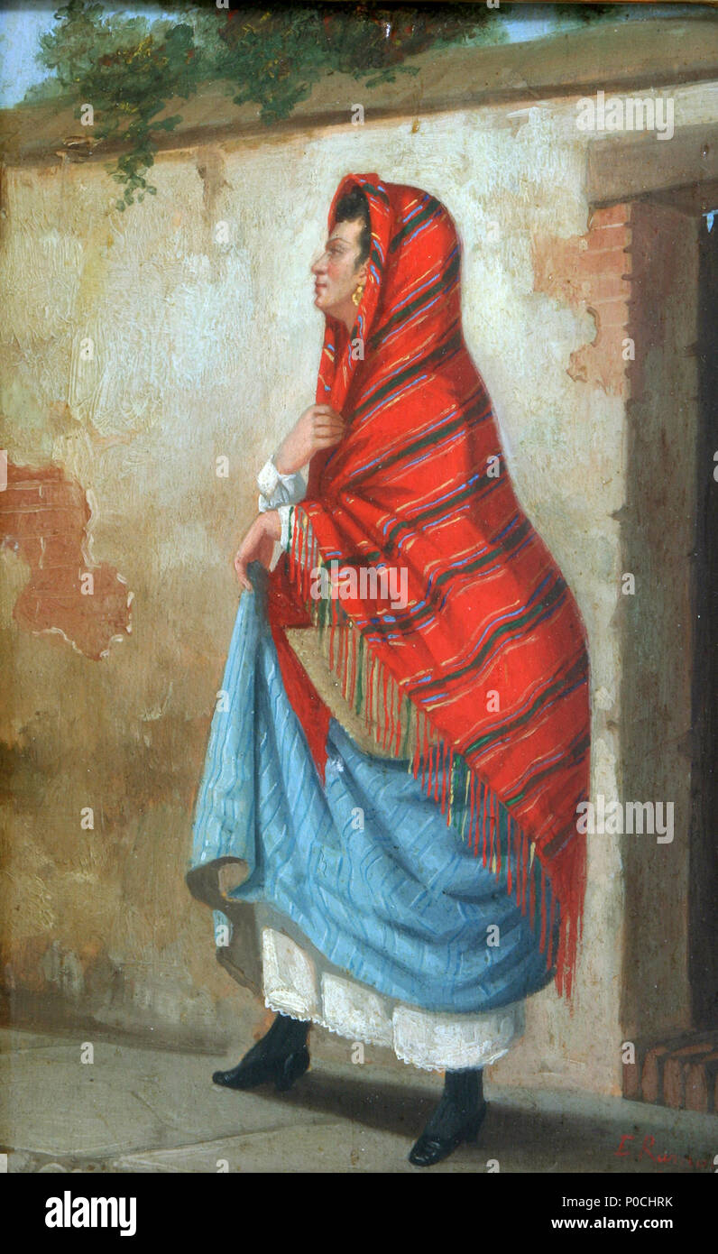 Inglese: Un ben vestito donna spagnola con un rosso scialle e gonna blu in  un dipinto