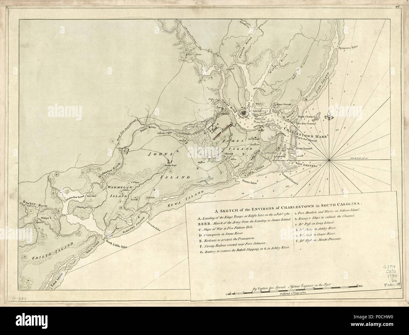 . Inglese: Scala ca. 1:132.000. Colorati a mano. Sollievo mostrato da hachures. Profondità mostrata da punti di scandaglio. LC mappe di Nord America, 1750-1789, 1557 disponibile anche attraverso la Libreria del Congresso sito Web come immagine raster. Vault AACR2: 651/1; 651/2 . Un schizzo di dintorni di Charlestown in Carolina del Sud. 1780. Sproule, Geo. F. (George F.); Sproule, Geo. F. 206 uno schizzo dei dintorni di Charlestown in Carolina del Sud. LOC gm71000637 Foto Stock
