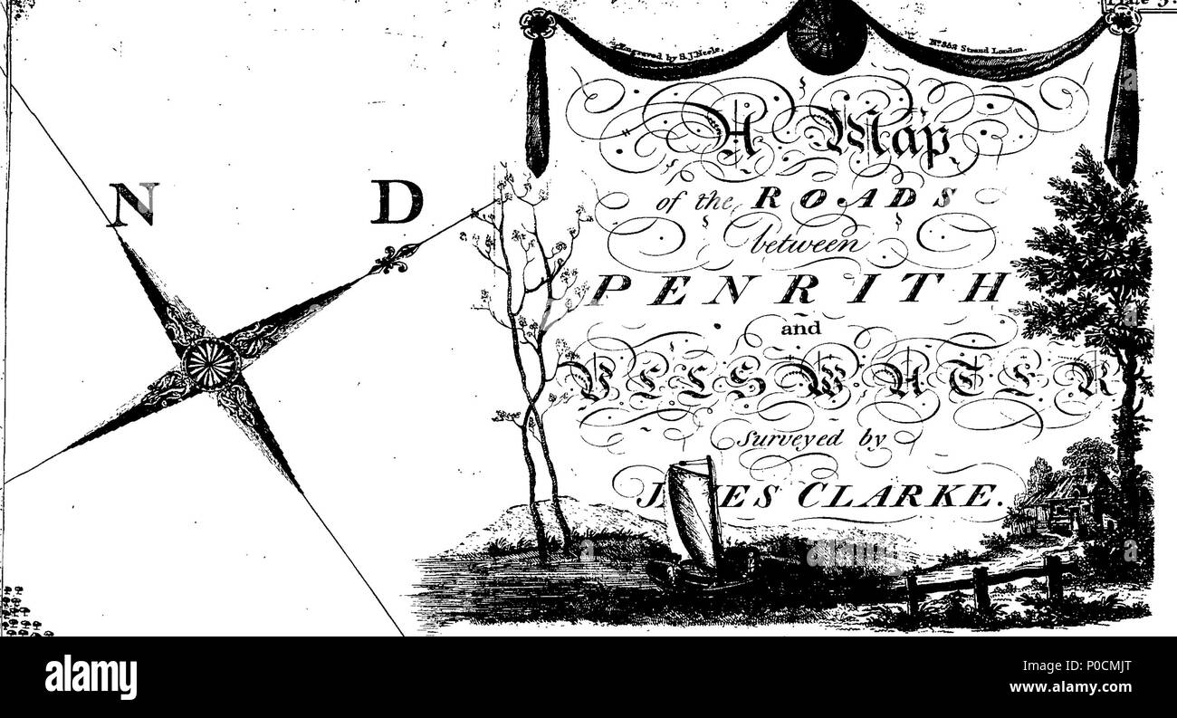 . Inglese: Fleuron dal libro: un sondaggio dei laghi di Cumberland, Westmorland e Lancashire: insieme con un account, storico topografico, e descrittivo, del paese adiacente. A cui si aggiunge un schizzo di confine leggi e costumi. Da James Clarke, Land-Surveyor. 216 Un sondaggio dei laghi di Cumberland Fleuron T117421-15 Foto Stock