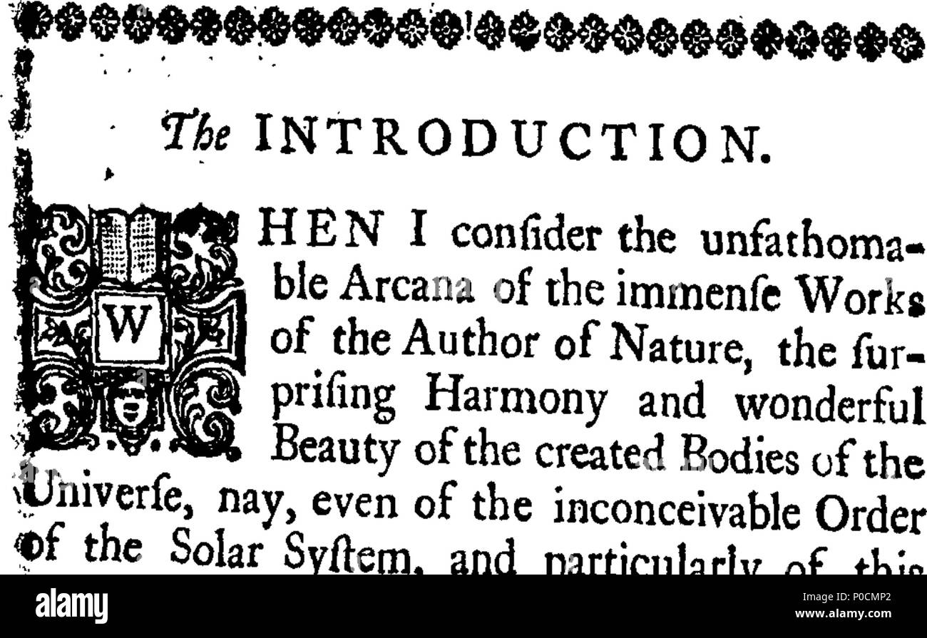 . Inglese: Fleuron dal libro: un sondaggio di sei giorni opere della creazione: filosoficamente comprovanti la verità del suo account, come offrire'd da Mosè nel primo capitolo della Genesi. In cui il magnifico splendore, ineffabile bellezza, ordine e armonia di questo sistema in generale e di questo mondo abitabile in particolare sono in gran parte visualizzare'd. Il tutto si mischino'd con molti nuovi e curiosi osservazioni metafisicamente considerato e religiosamente applicare'd. Da Benjamin Parker, autore delle meditazioni filosofiche, &c. 216 Un sondaggio dei sei giorni opere della creazione- filosofica Foto Stock