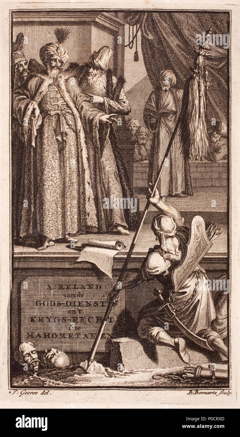 . Inglese: illustrati nella pagina del titolo. Due cut-off capi di uomini in primo piano. Un arciere elevare un lungo palo, un elaborato standard? Faretra. Un importante figura maschile in un turban è sgomento - carte ai suoi piedi - e supportato da altri due uomini. Spettatori in background. Tendina. Nederlands: "A. Reland van de dèi-dienst e non-krijgs recht der Mahometanen'. Scena incontrato afgehakte hoofden, een boogschutter met een staf en standaard? Pijlkoker. Toeschouwers. Belangrijke oudere man met een tulband wordt ondersteund porta twee andere. Gordijn. . 1718. Jan Goeree design. B. Bernarts incisione. 268 Annuncio Foto Stock