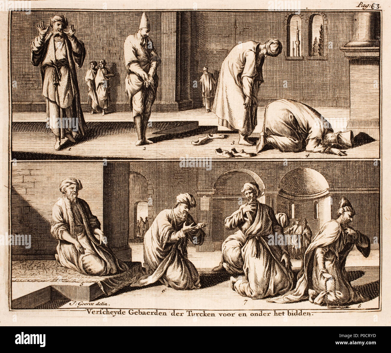 . Inglese: vari gesti da Turcs prima e durante la preghiera. Didascalie numerate senza testo. Misbaha (grani di preghiera) Nederlands: 'Verscheyde gebaerden der Turcken voor en onder het bidden', verschillende gebaren van Turken voor en onder het chiamati. Nummers in afbeelding zonder bijschrift. Misbaha (gebedssnoer). Tasbih. . 1718. Jan Goeree, nato 1670-10-20 - deceduto Amsterdam 1731-01-04 268 Adriaan-Reland-Verhandeling-van de godsdienst-der-Mahometaanen MG 0719 Foto Stock