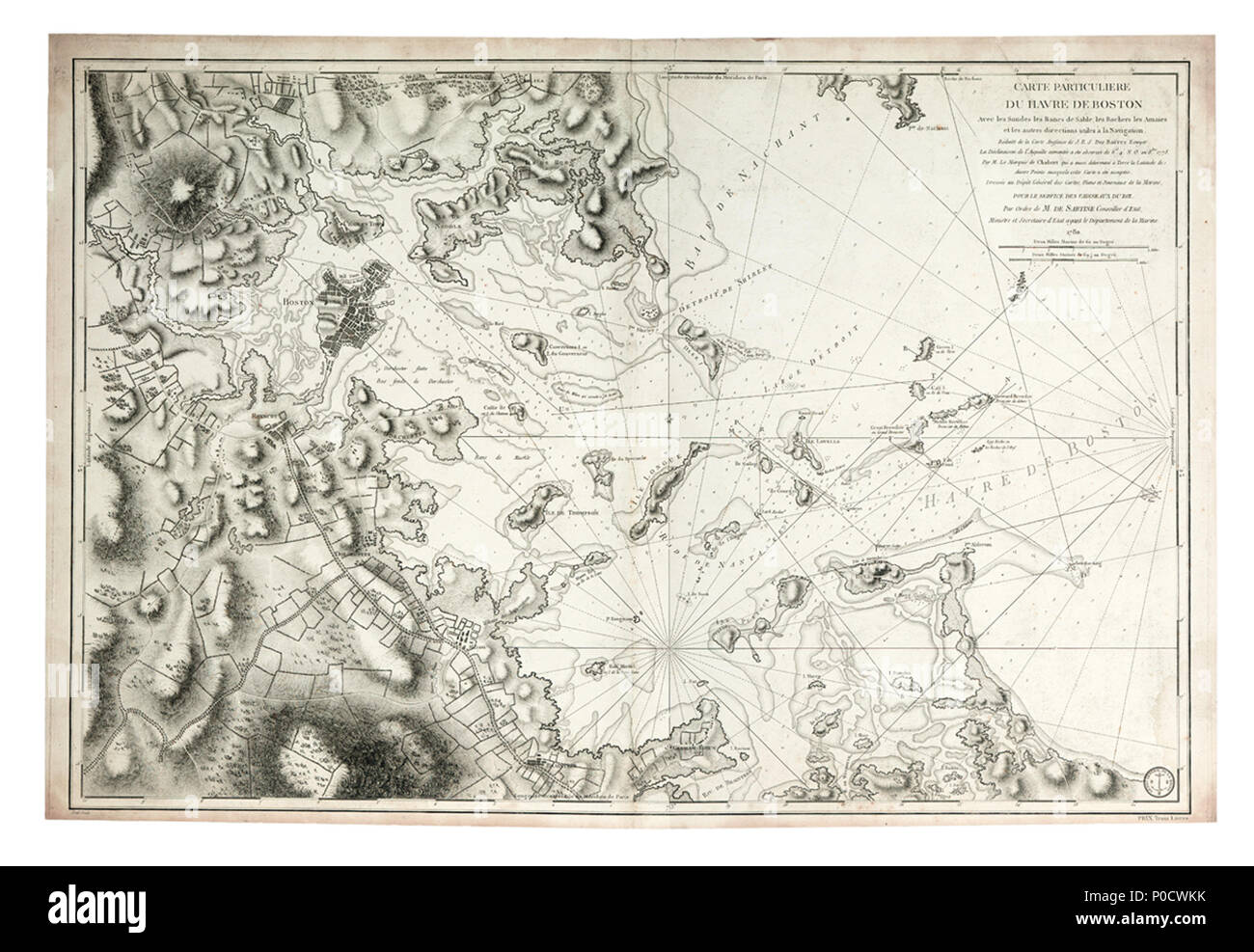 . Inglese: un grafico del porto di Boston, composta da varie indagini, ma principalmente da quella presa nel 1769, dal sig. George Callender, fine maestro di Sua Maestà la nave di fogli RomneyThree. Inciso. Scala: ca. 1:25 000 (bar). Nota cartografica: variazione mostrata 7 gradi 40' W. scale in braccia e statuto miglia. Ulteriori luoghi: Massachusetts. Contenuto Nota: un foglio di osservazioni nautiche e le direzioni è incluso in ogni versione, ad eccezione di B e H, accreditato a George Callendar, Master di HMS Romney, 1769. La collezione contiene anche un derivato francese di 96A, pubblicato dal deposito G Foto Stock