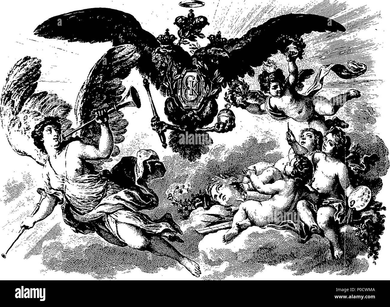 . Inglese: Fleuron dal libro: un set di stampe dopo aver inciso il la maggior parte dei dipinti di capitale nella collezione di sua maestà imperiale, l'imperatrice di Russia ultimamente in possesso del conte di Oxford a Houghton in Norfolk; con piani, elevazioni, sezioni, camino e soffitti. Vol: I. 200 una serie di stampe dopo aver inciso il la maggior parte dei dipinti di capitale nella collezione di sua maestà imperiale Fleuron T155309-15 Foto Stock