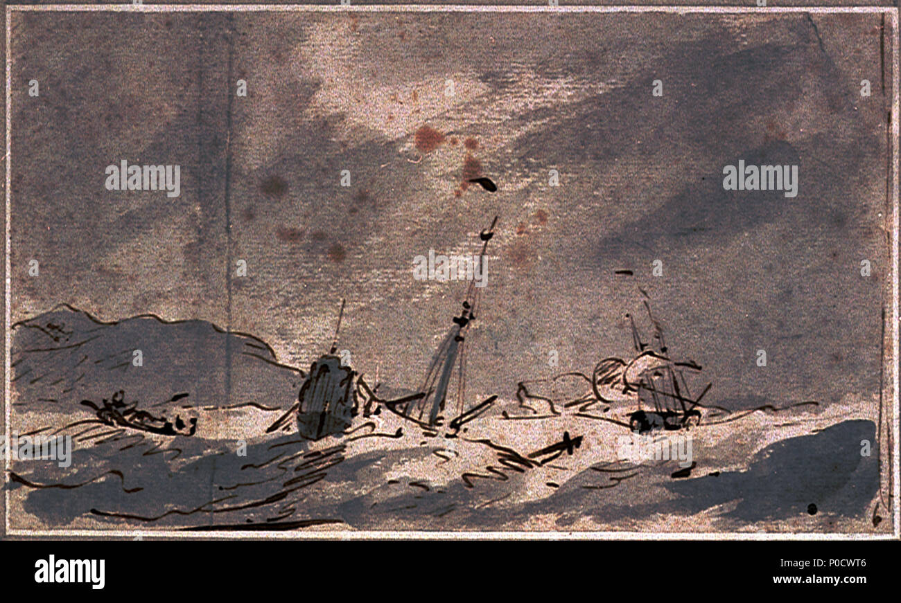 . Inglese: una nave dismasted in un vento di tempesta in prossimità di una costa alta questa notevole drammatico piccolo disegno è stato fatto molto in ritardo in van de Velde la vita, forse intorno al 1705. La nave ha solo il suo foremast permanente e si sposti verso una costa alta sullo sfondo a sinistra. Sulla sinistra una barca sta compiendo per la riva e a destra sullo sfondo c'è una nave a vela. Il disegno è molto rapidamente disegnata con fast bold i tratti della penna senza attenzione al dettaglio. Il drammatico effetto di luce nel cielo e mare è ottenuta con un altrettanto rapido lavaggi, con aree di carta rimasti riservati bianco. Lo scopo di Foto Stock