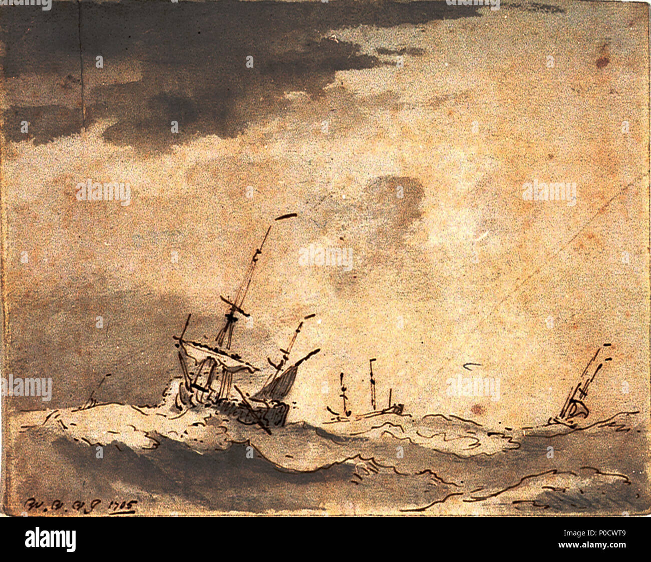 . Inglese: una nave dismasted in un gale quattro navi lotta in un mare in tempesta in questo drammatico penna e disegno di lavaggio, realizzato verso la fine di vita dell'artista. Il più visibile nave, a sinistra del centro, viene sollevato da un'onda come si trova di aver perso il suo albero maestro. A pochi segni sul foremast indicano l'equipaggio della nave come essi furl la vela in uno sforzo per evitare ulteriori danni. Il disegno è riportato in basso a sinistra: "W.V.V J 1705'. Una nave dismasted in un vento di tempesta . 1705. Willem van de Velde il giovane 200 una nave dismasted in un gale RMG PV5280 Foto Stock